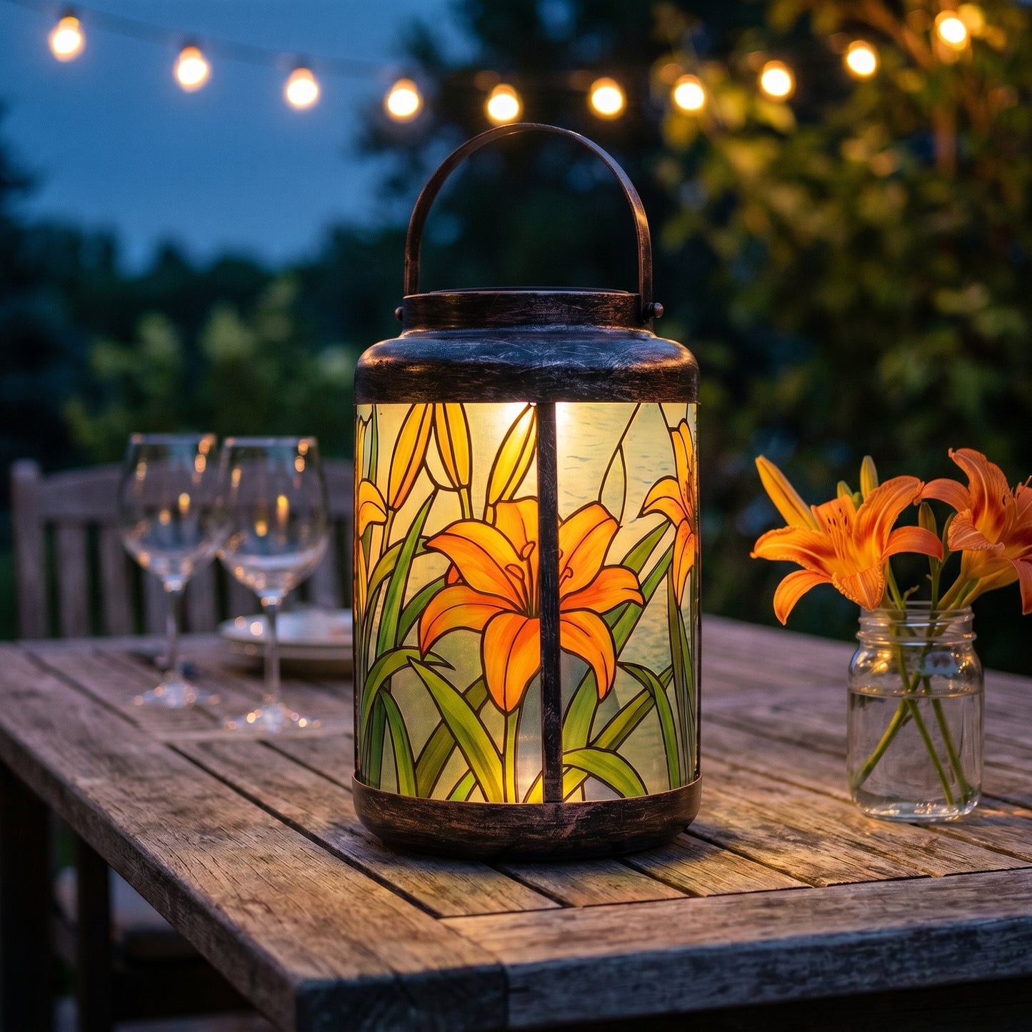 Tiger Lily solar lantern glowing as an evening centerpiece on an outdoor patio table