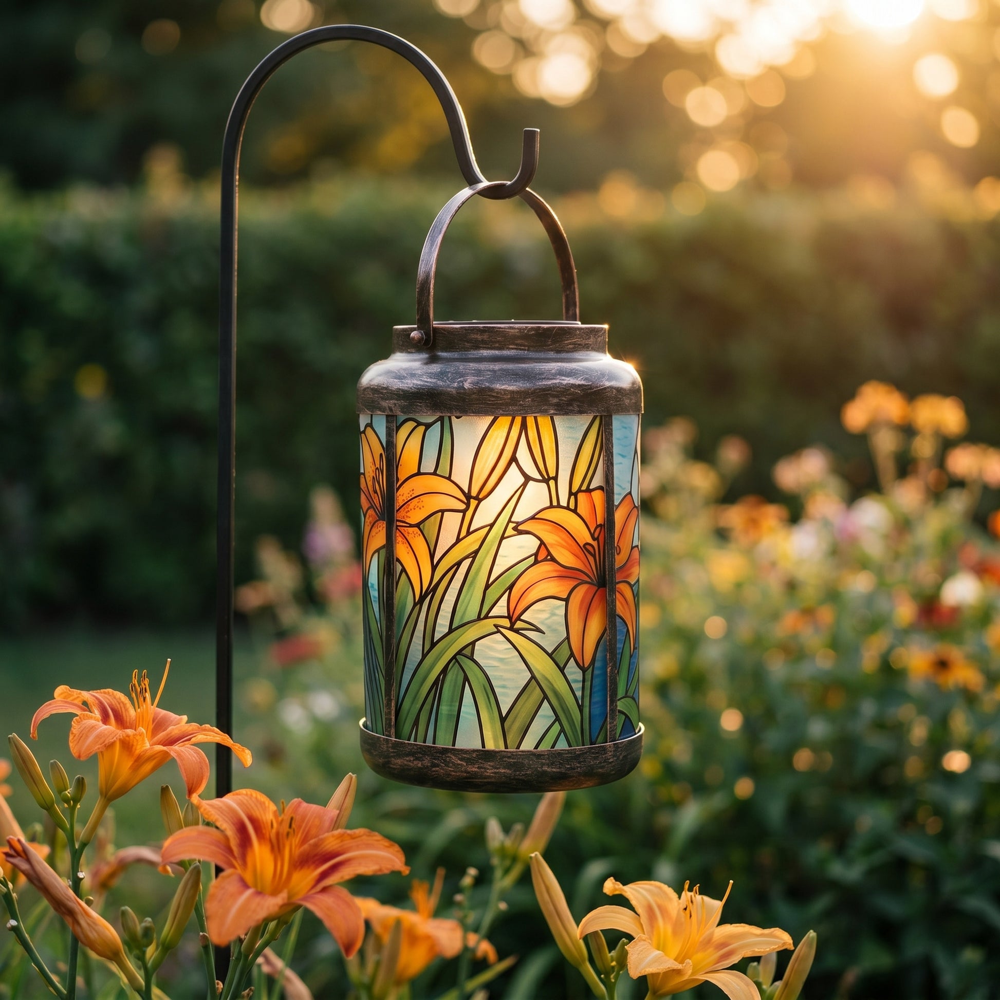 Orange tiger lily stained glass style solar lantern on a shepherd's hook in a daytime garden