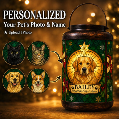 How the personalization works: upload one photo of your dog or cat and their portrait is rendered into the Christmas lantern design with their name