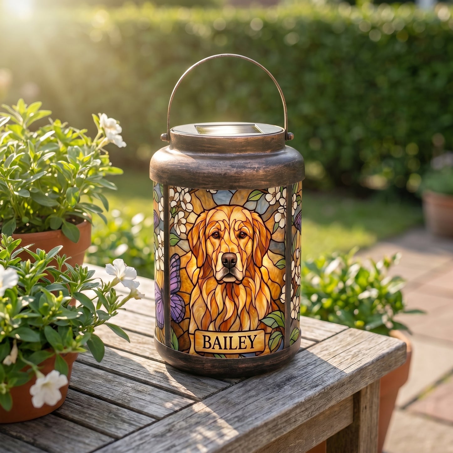 Personalized pet memorial solar lantern on a garden table in daytime sun, showing the custom golden retriever portrait and the solar panel charging