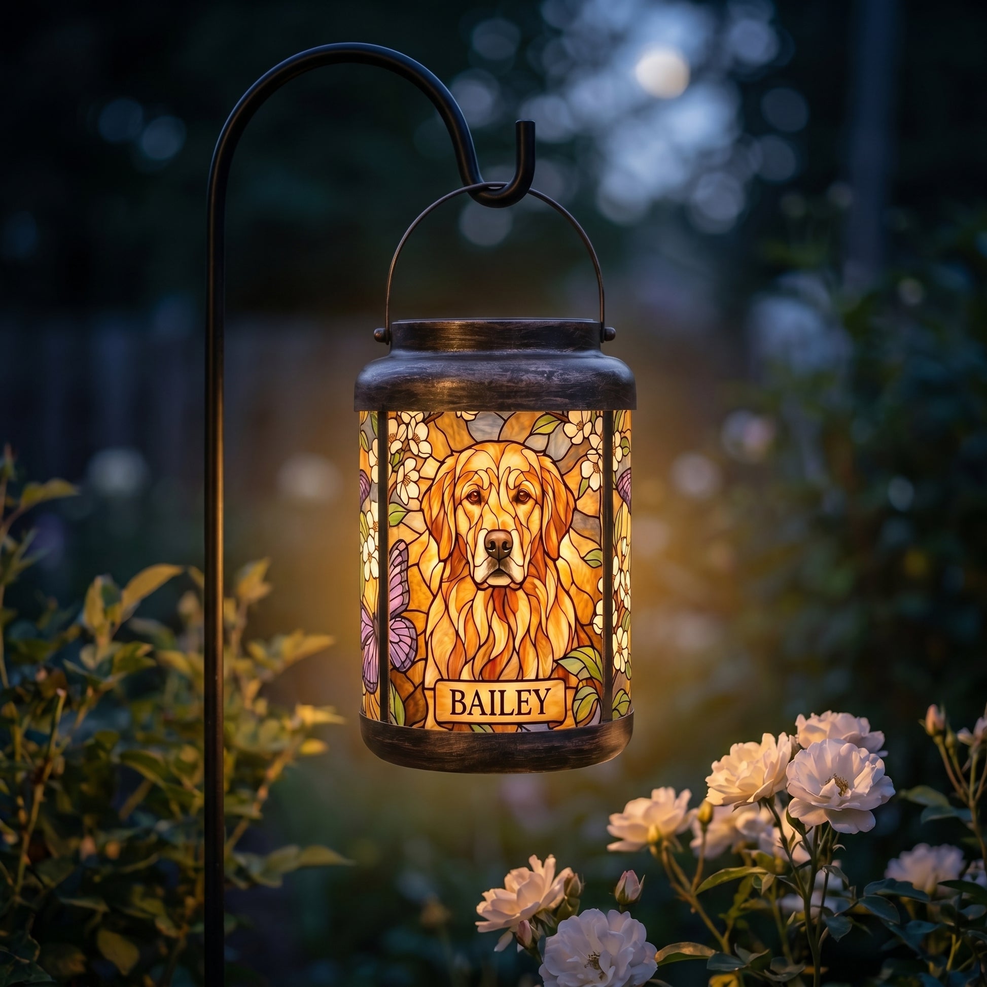 Personalized golden retriever memorial lantern on a shepherd's hook glowing at night in a garden beside white roses, with the name Bailey