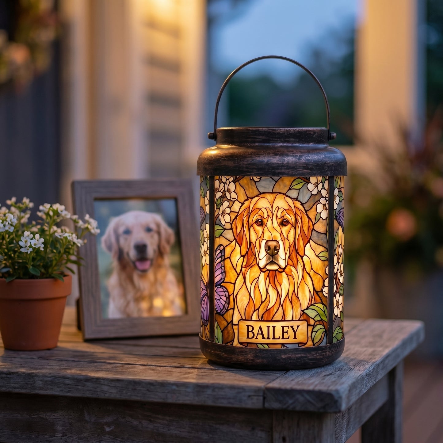Pet memorial solar lantern glowing at dusk on a porch beside a framed golden retriever photo, a personalized keepsake for pet loss, with the name Bailey
