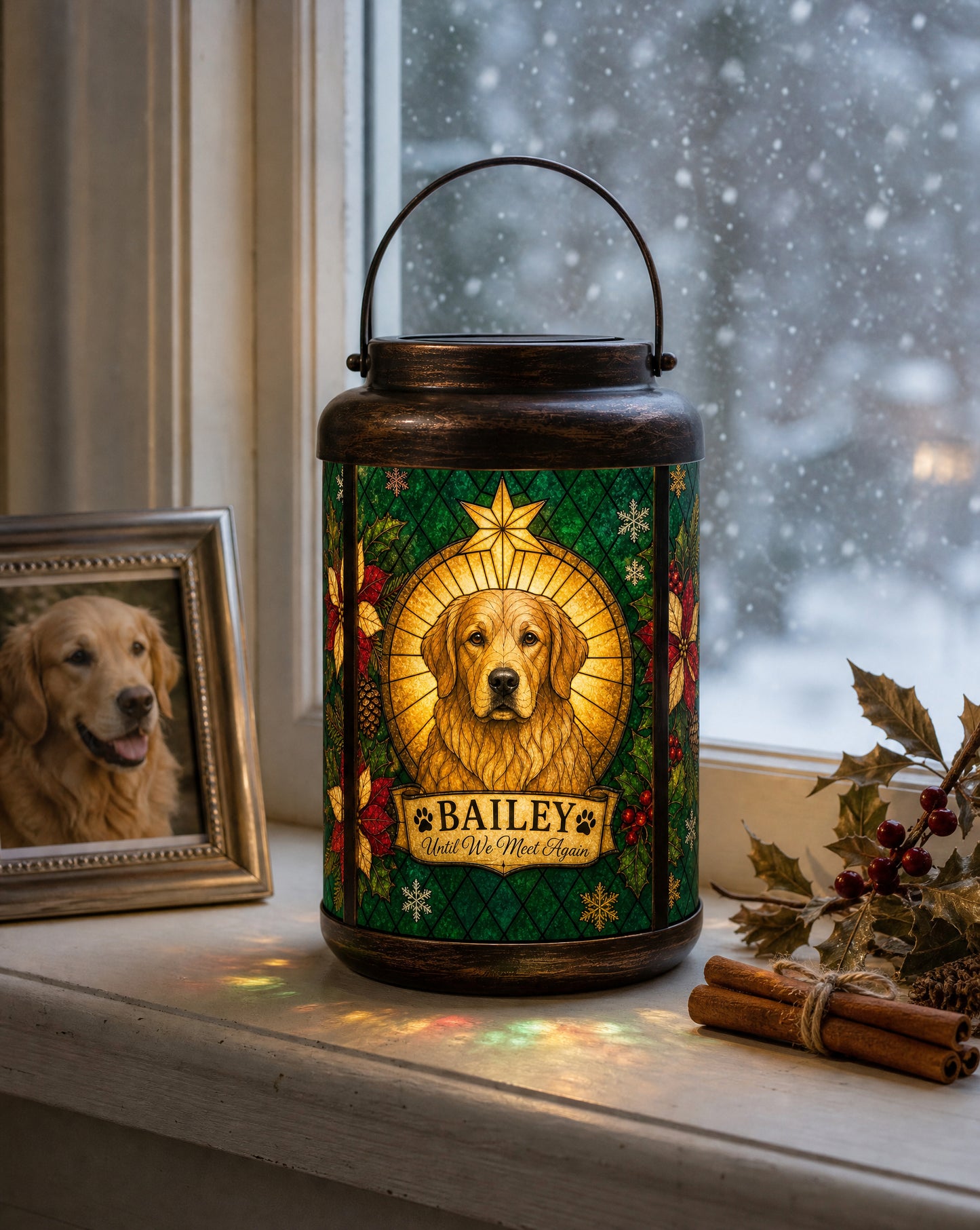 Personalized pet memorial Christmas lantern glowing on a windowsill beside a framed photo of the same golden retriever, with snow falling outside