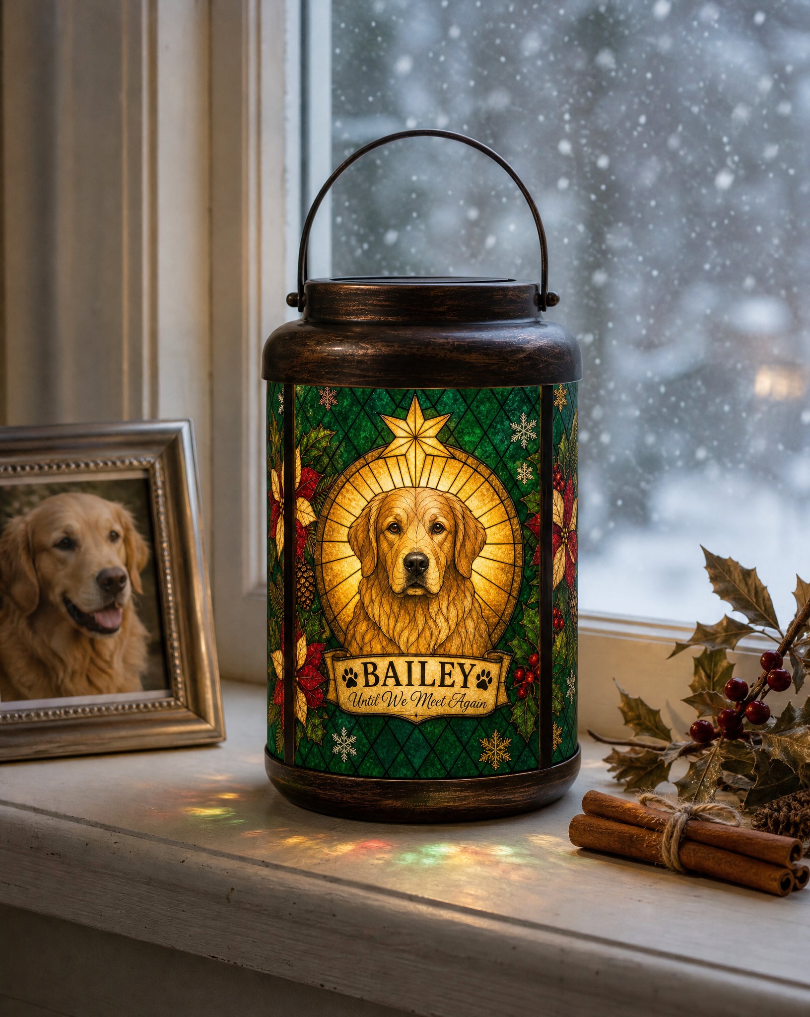 Personalized pet memorial Christmas lantern glowing on a windowsill beside a framed photo of the same golden retriever, with snow falling outside