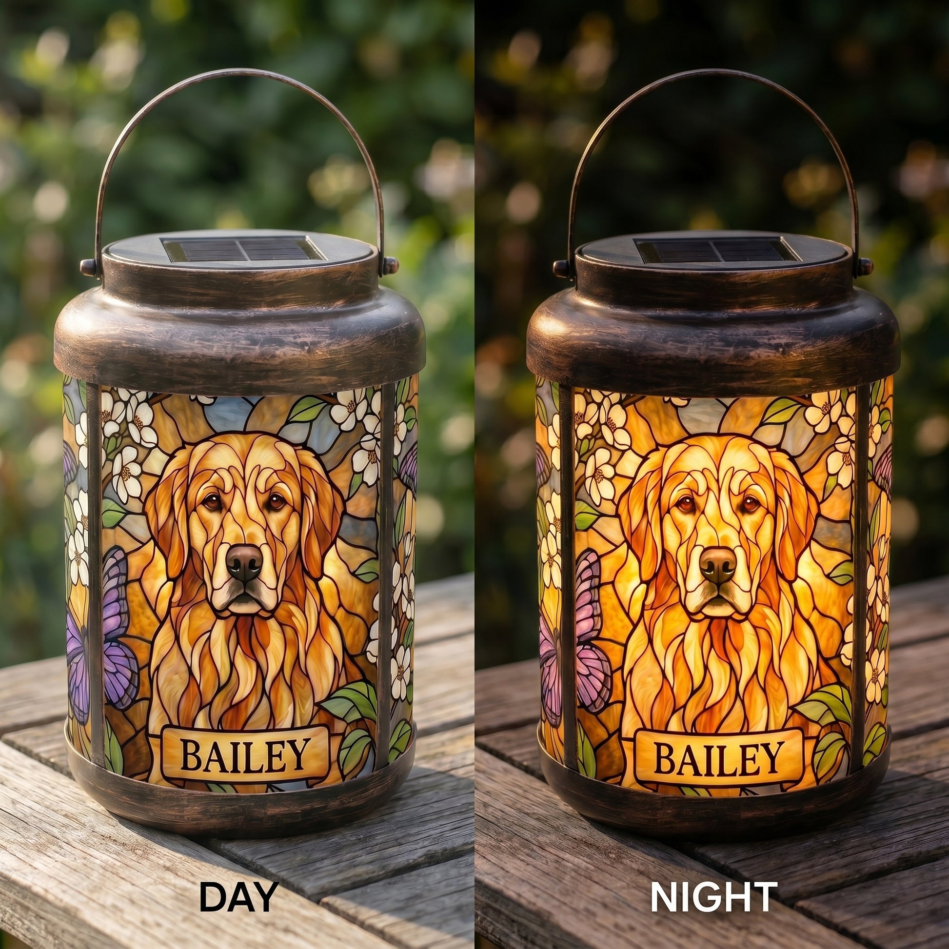 Day and night comparison of a personalized pet memorial solar lantern: a colorful golden retriever portrait by day, glowing warm from within at night