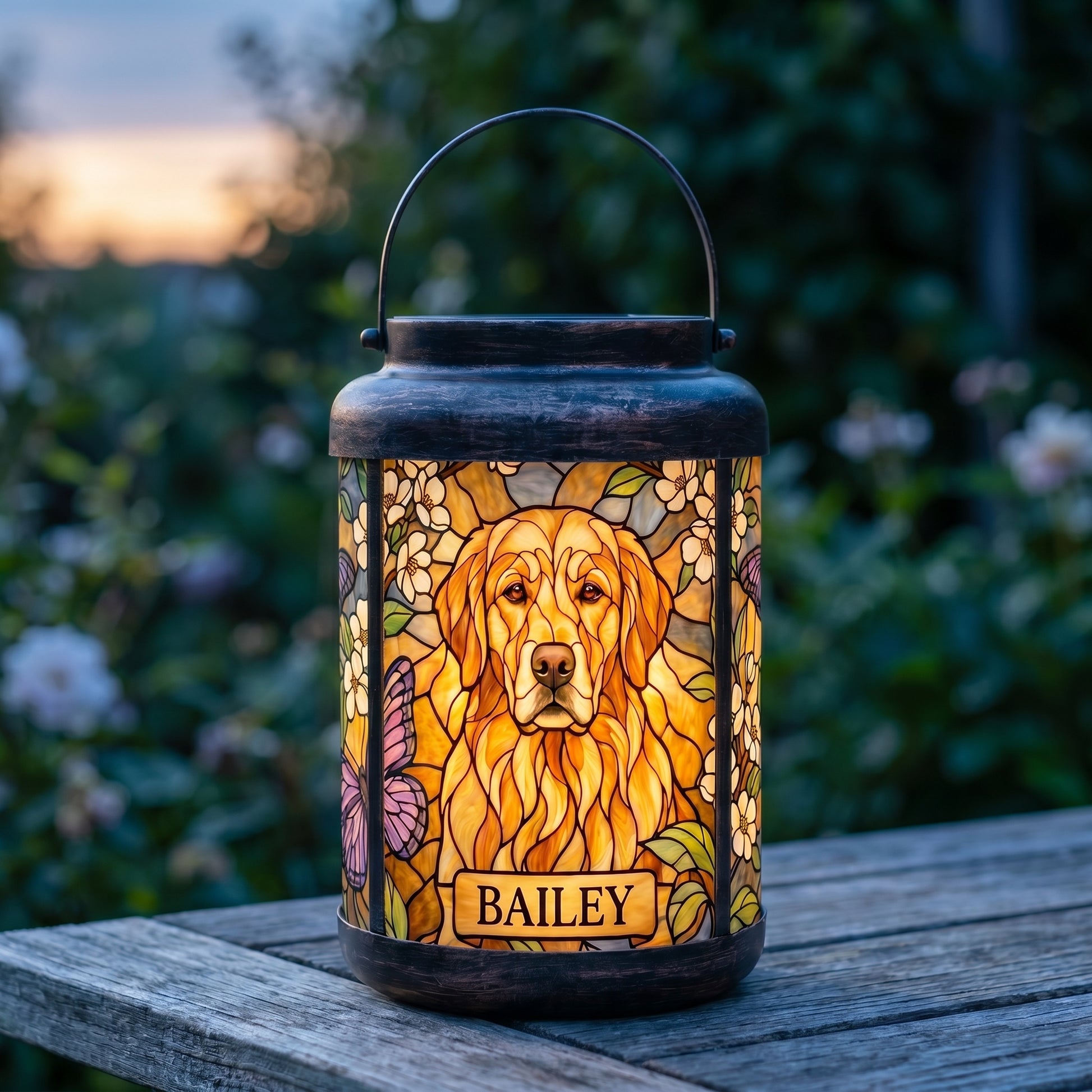 Personalized pet memorial solar lantern glowing warm at dusk in a garden, with a custom golden retriever stained-glass-style portrait and the name Bailey, lit from within