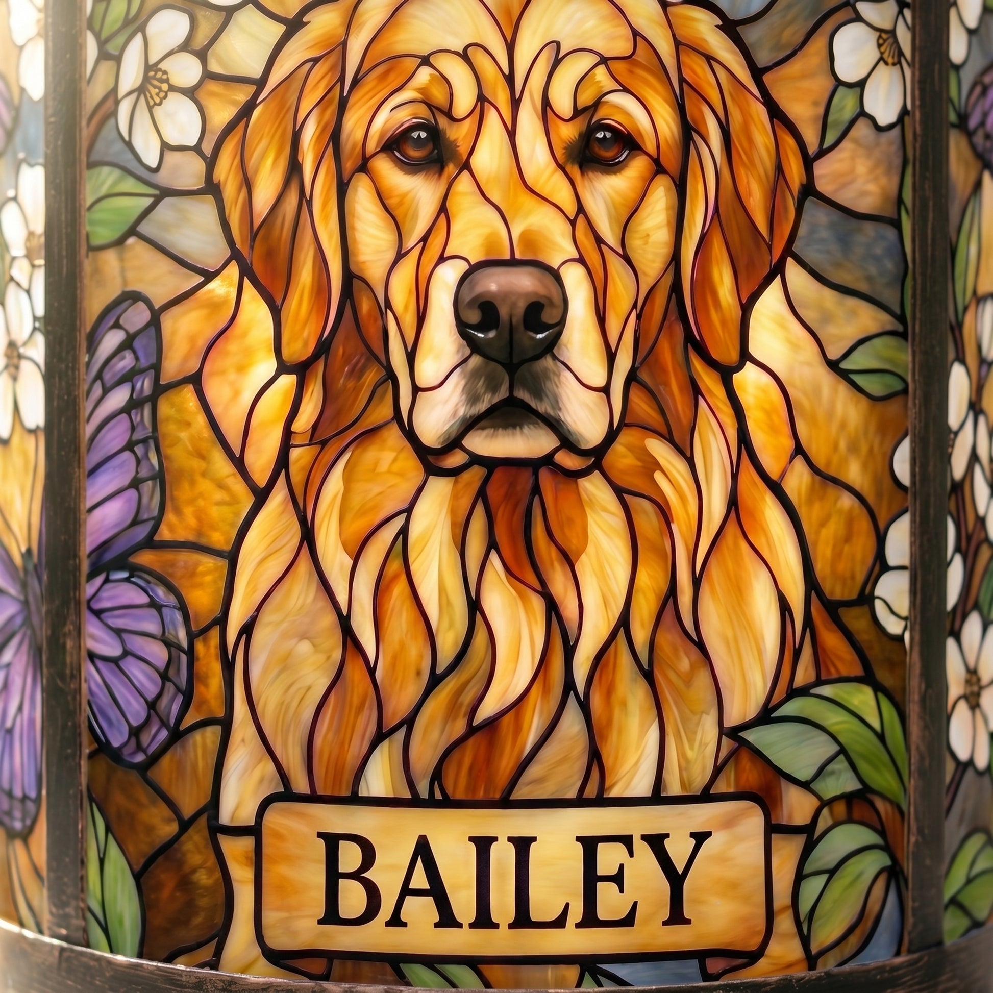 Close-up of a personalized pet memorial lantern's stained-glass-style golden retriever portrait, showing the rich amber glass-look color and the Bailey nameplate