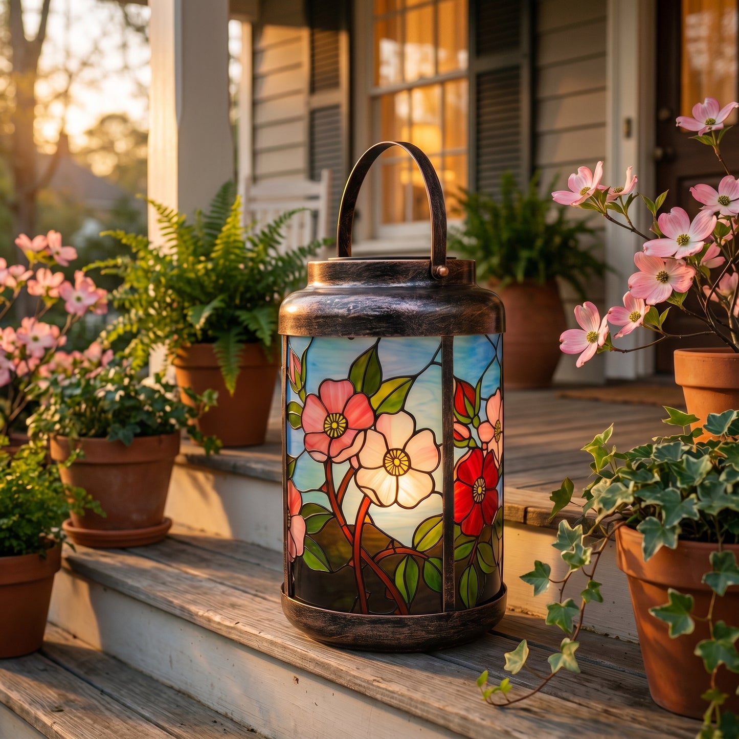 Pink Dogwood solar lantern lit in an evening garden, a housewarming gift for a new home