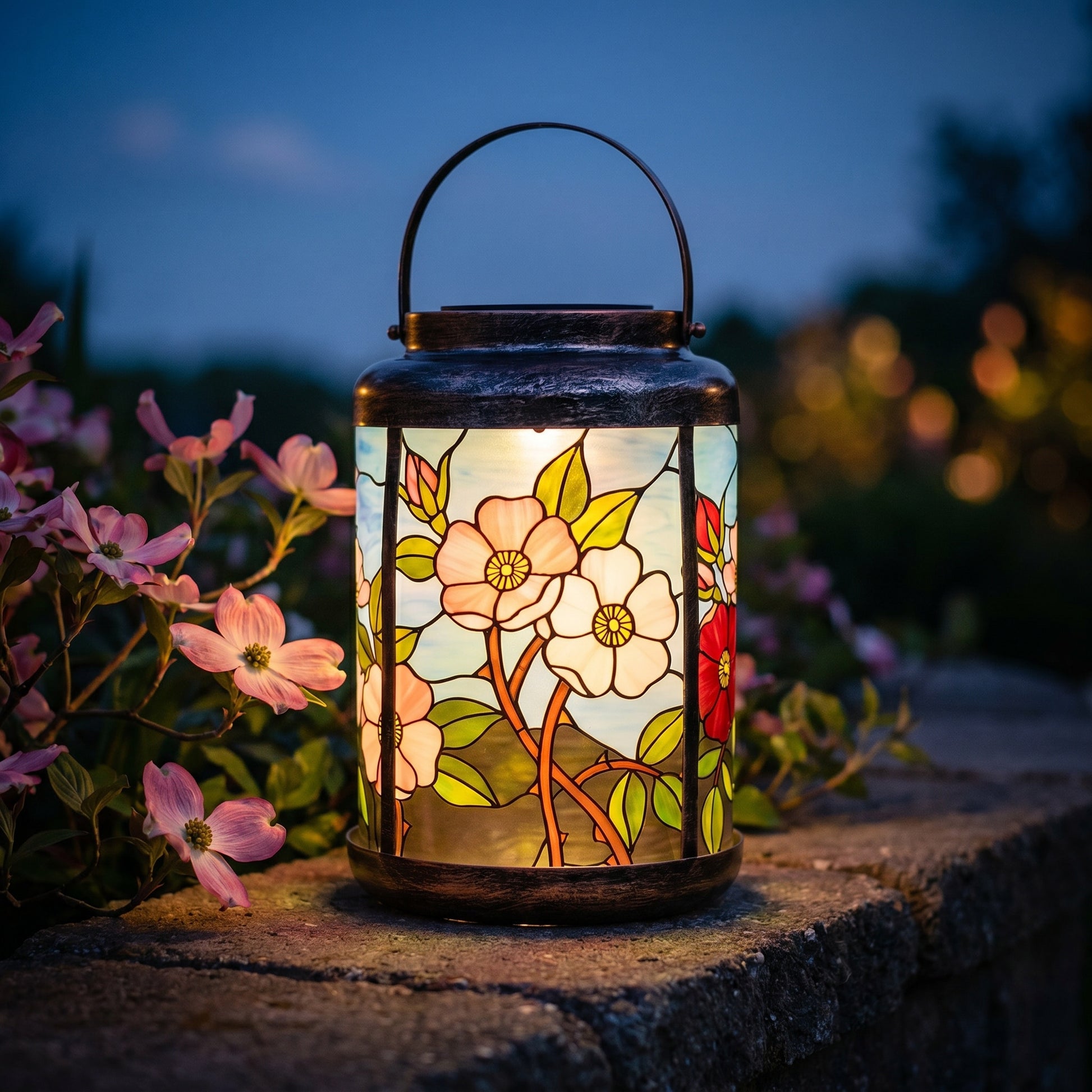 Pink dogwood solar garden lantern glowing in a flower bed at dusk