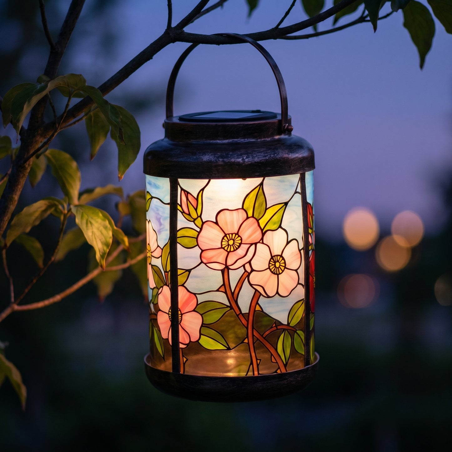 Pink Dogwood solar lantern glowing at dusk, hanging from a tree branch