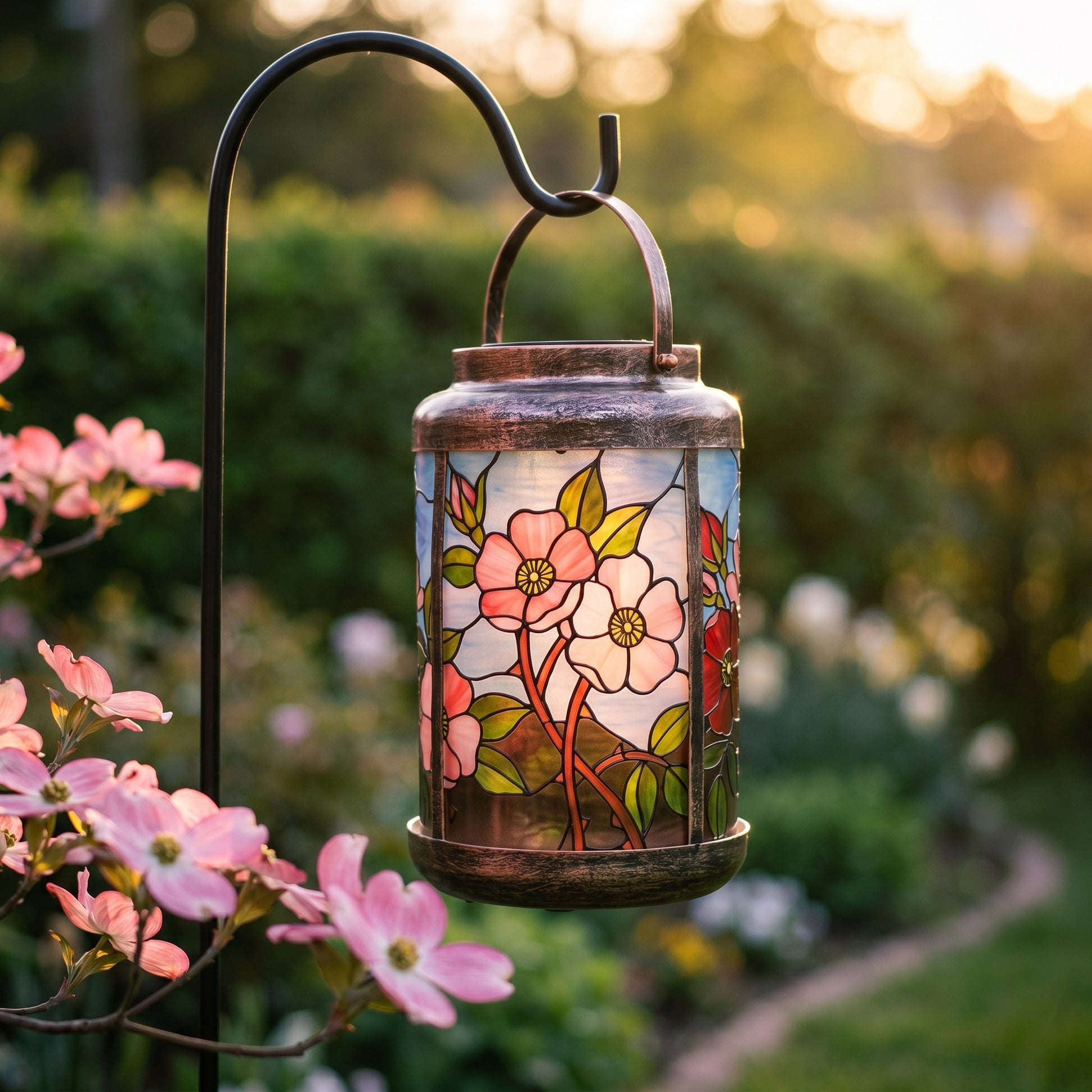 Pink dogwood stained glass style solar lantern on a shepherd's hook in daylight, showing the printed blossom colors unlit
