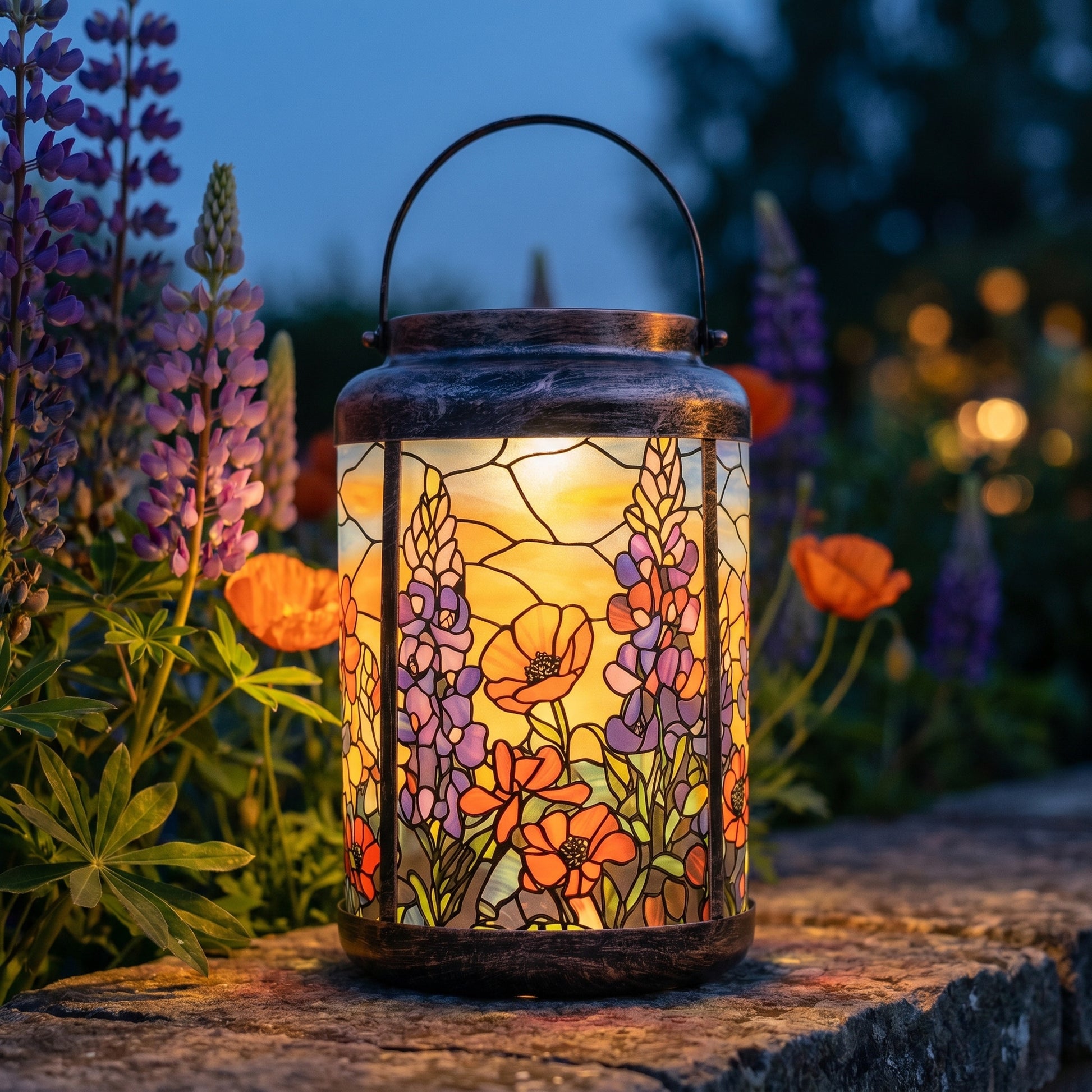 Poppy and lupine solar garden lantern glowing in a flower bed at dusk