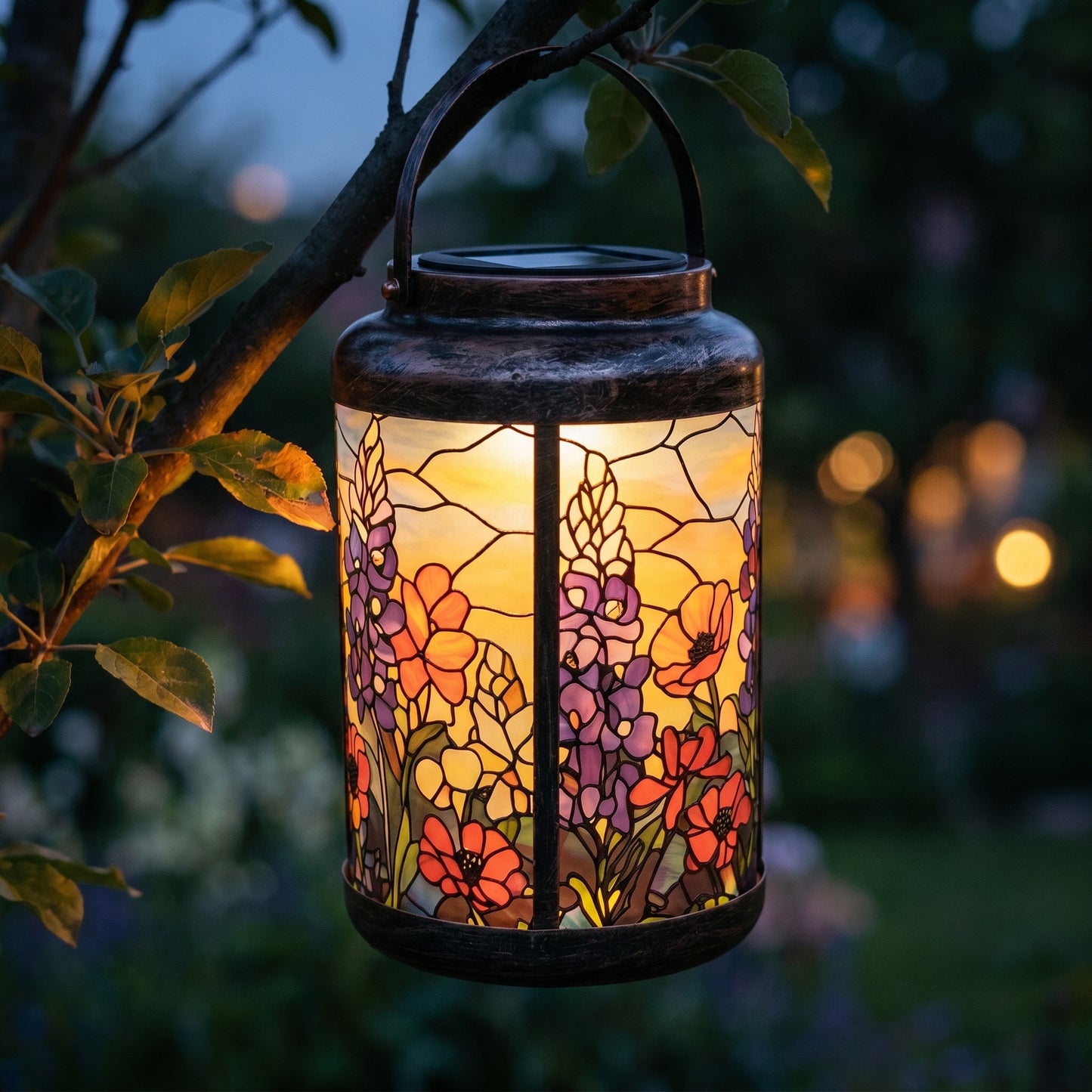 Lupine Meadow solar lantern with poppies and lupine glowing at dusk, hanging from a tree branch