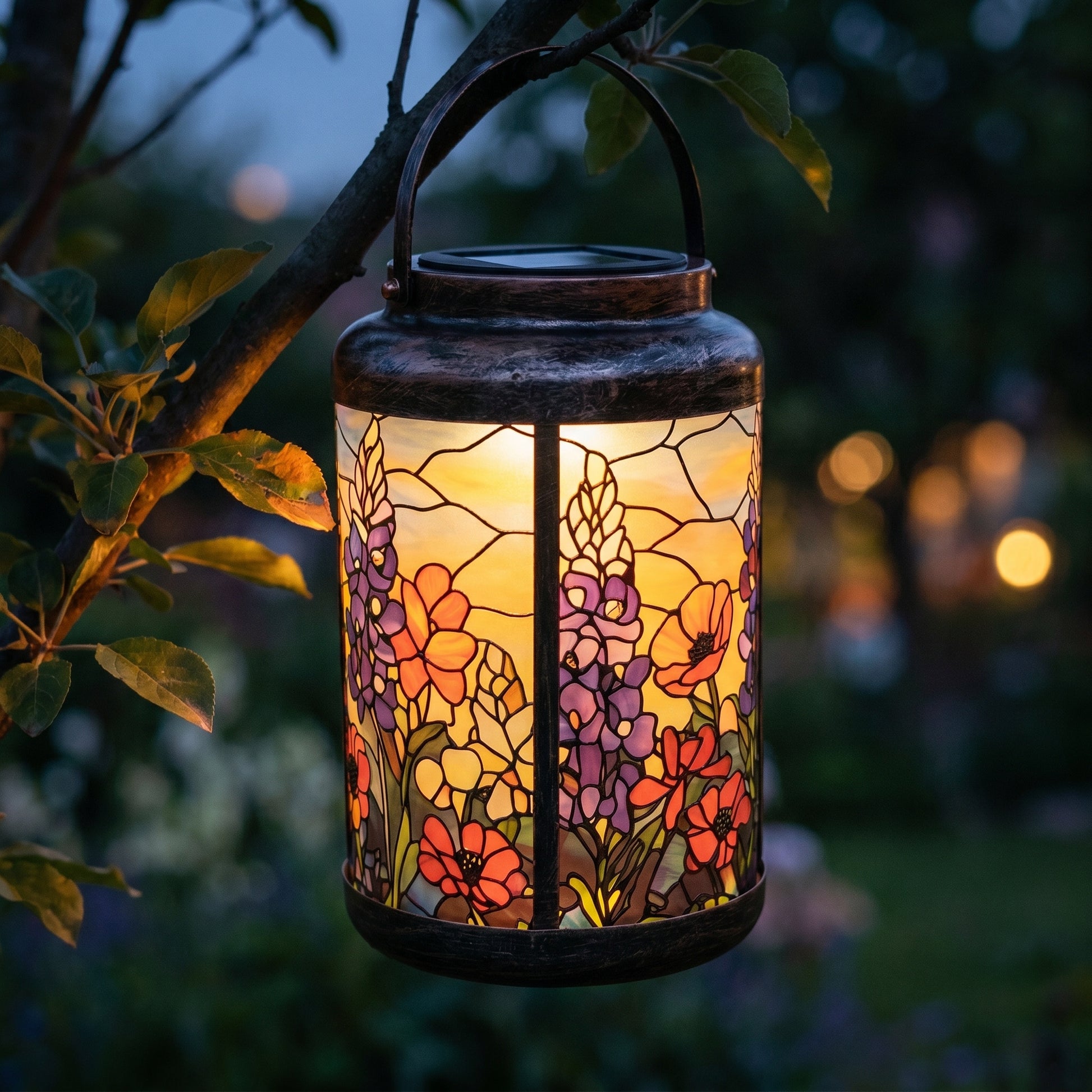 Lupine Meadow solar lantern with poppies and lupine glowing at dusk, hanging from a tree branch