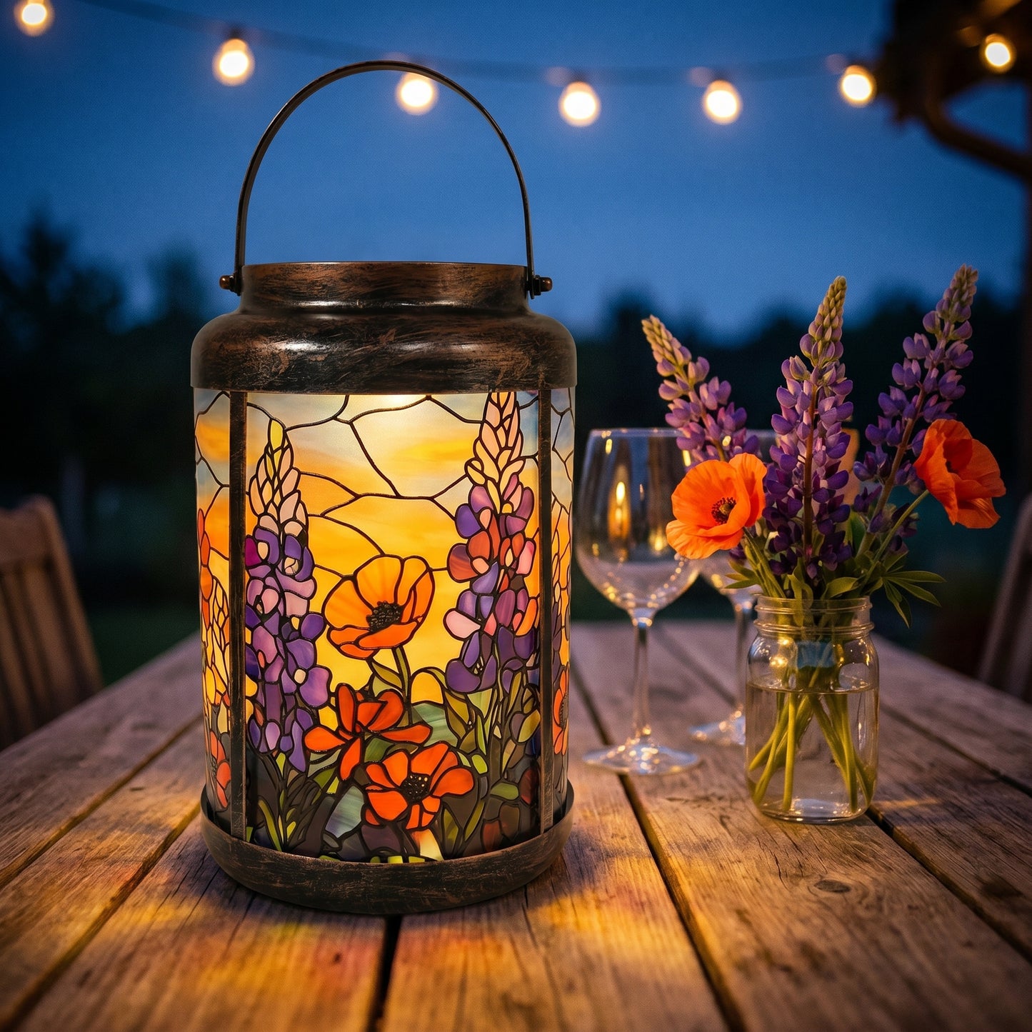 Lupine Meadow solar lantern glowing on an outdoor patio table in the evening
