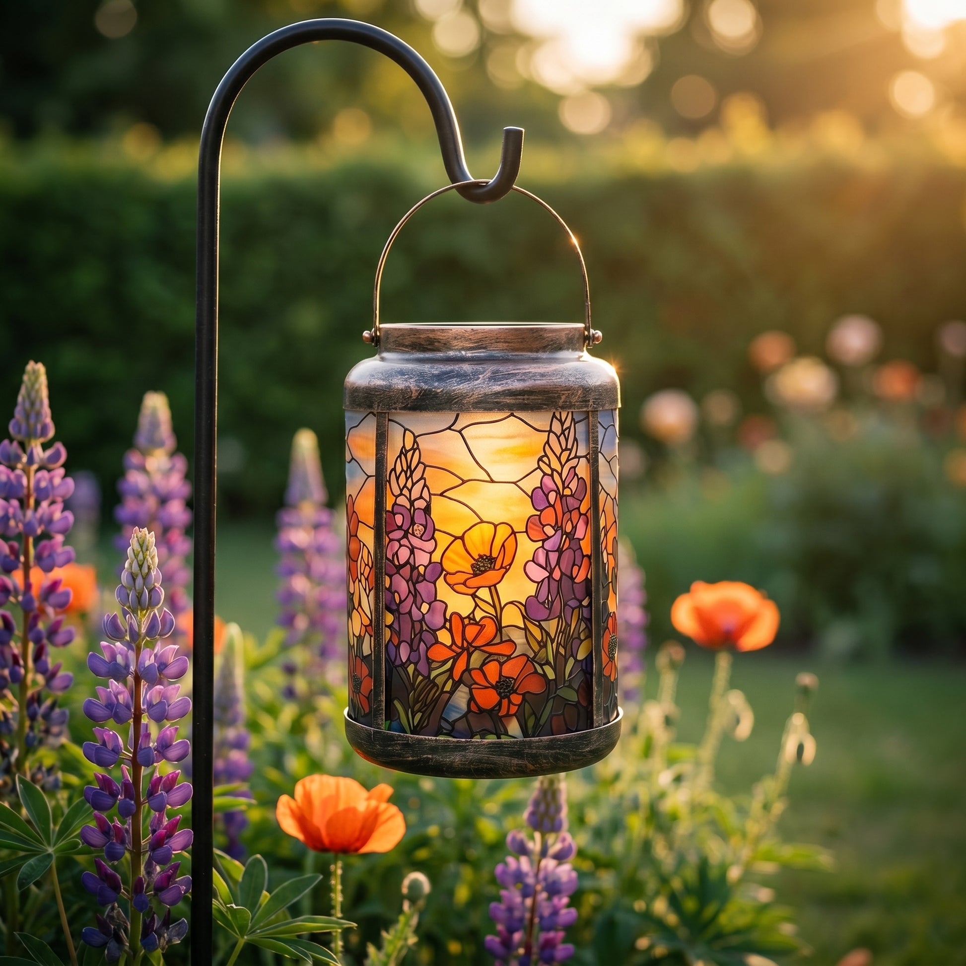 Poppy and lupine stained glass style solar lantern hanging from a shepherd's hook in daylight
