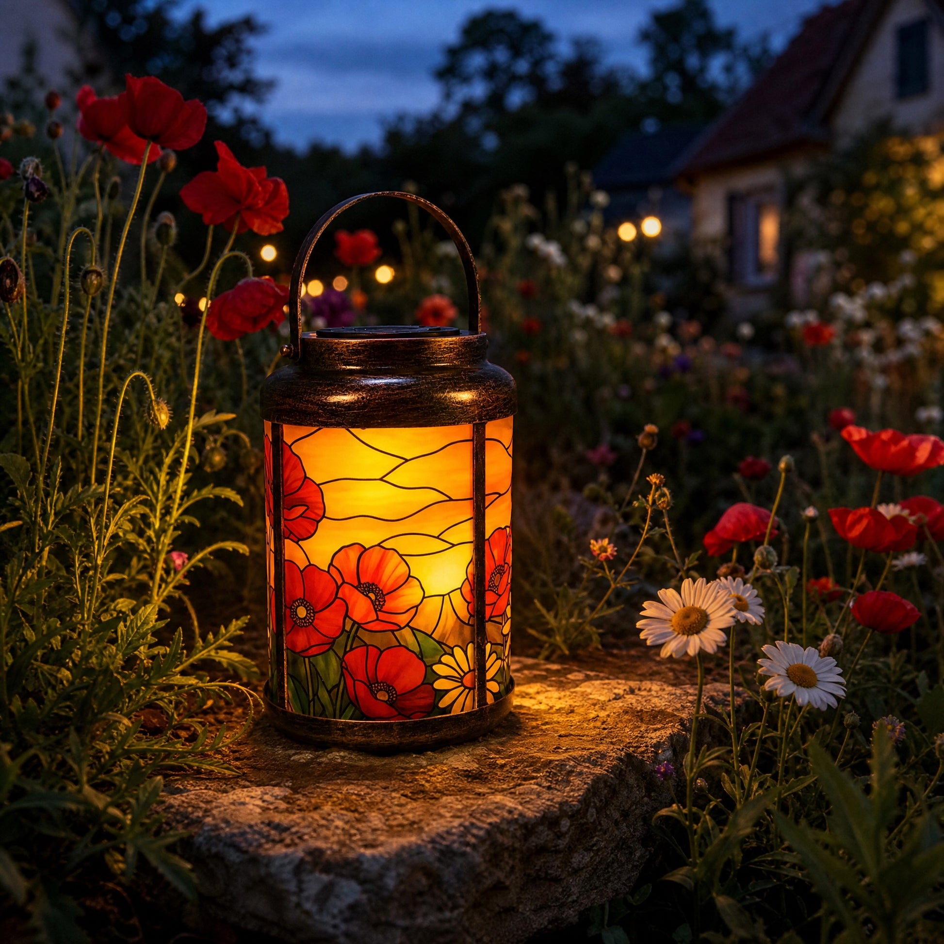 Red poppy solar garden lantern glowing in a flower bed at dusk
