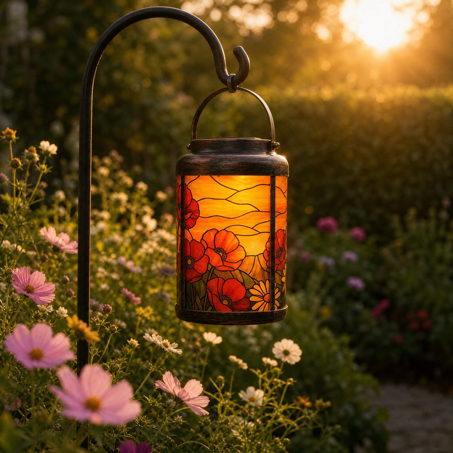 Red poppy stained glass style solar lantern on a shepherd's hook in a daytime garden