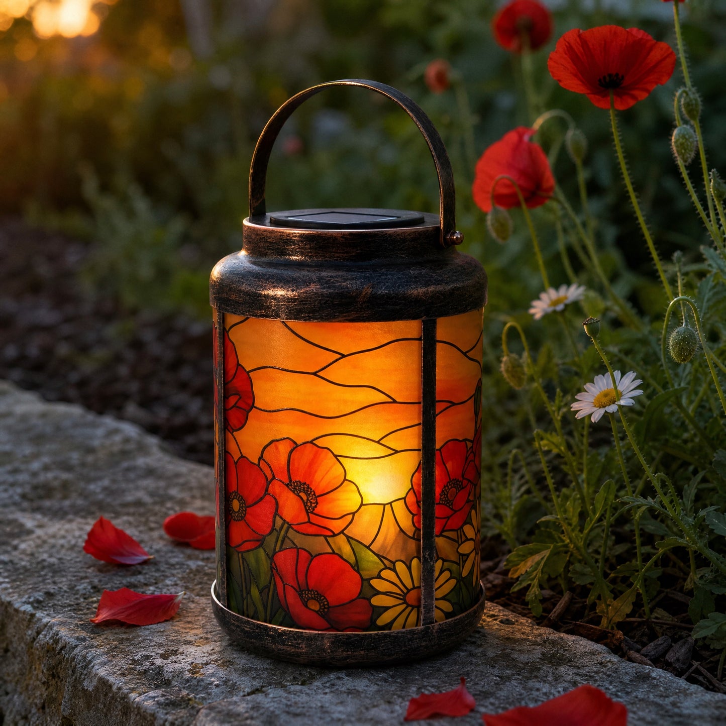 Red Poppy memorial solar lantern lit at sunset on a stone ledge with real poppies and daisies behind it and scattered red petals