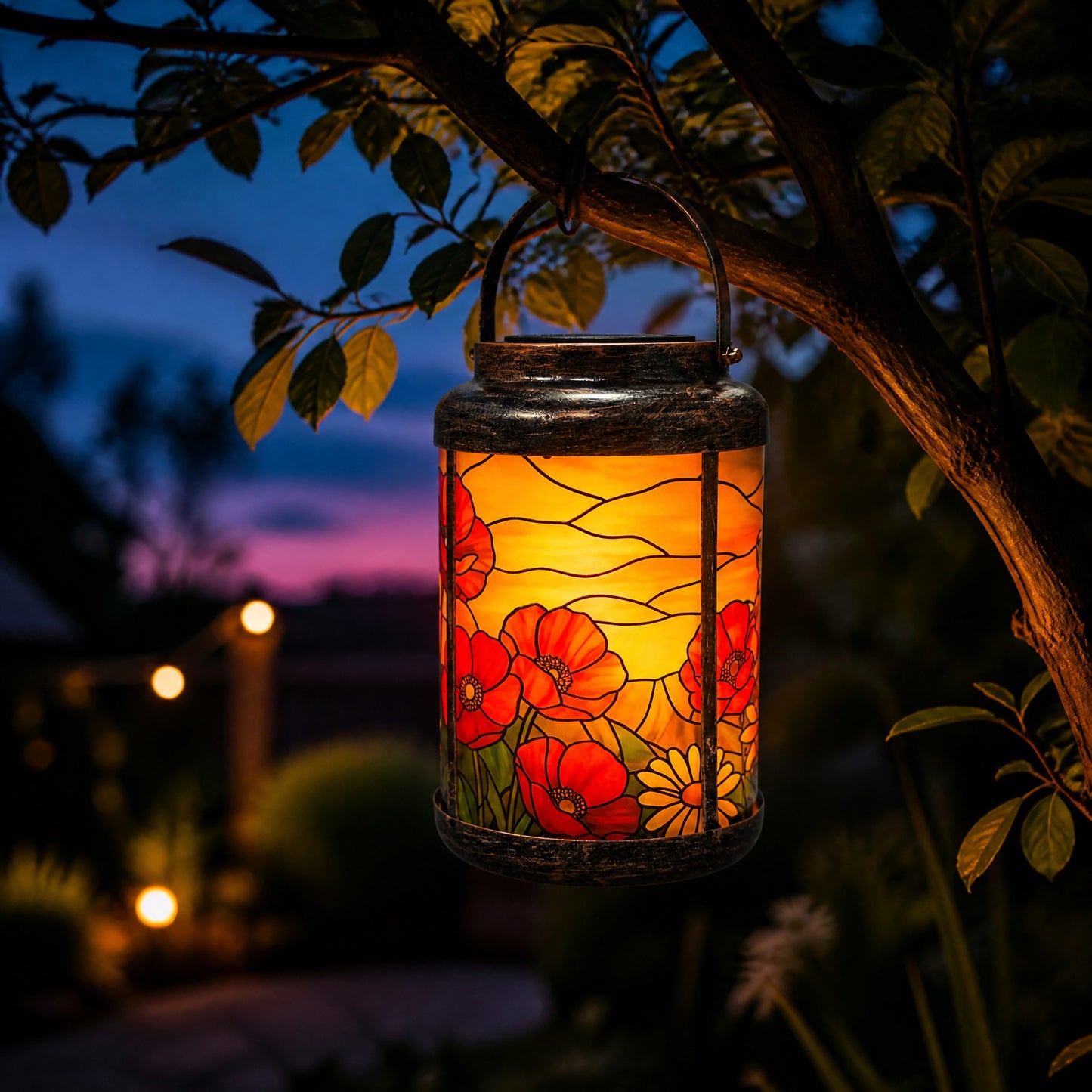 Red Poppy remembrance solar lantern glowing warm at dusk while hanging from a tree branch