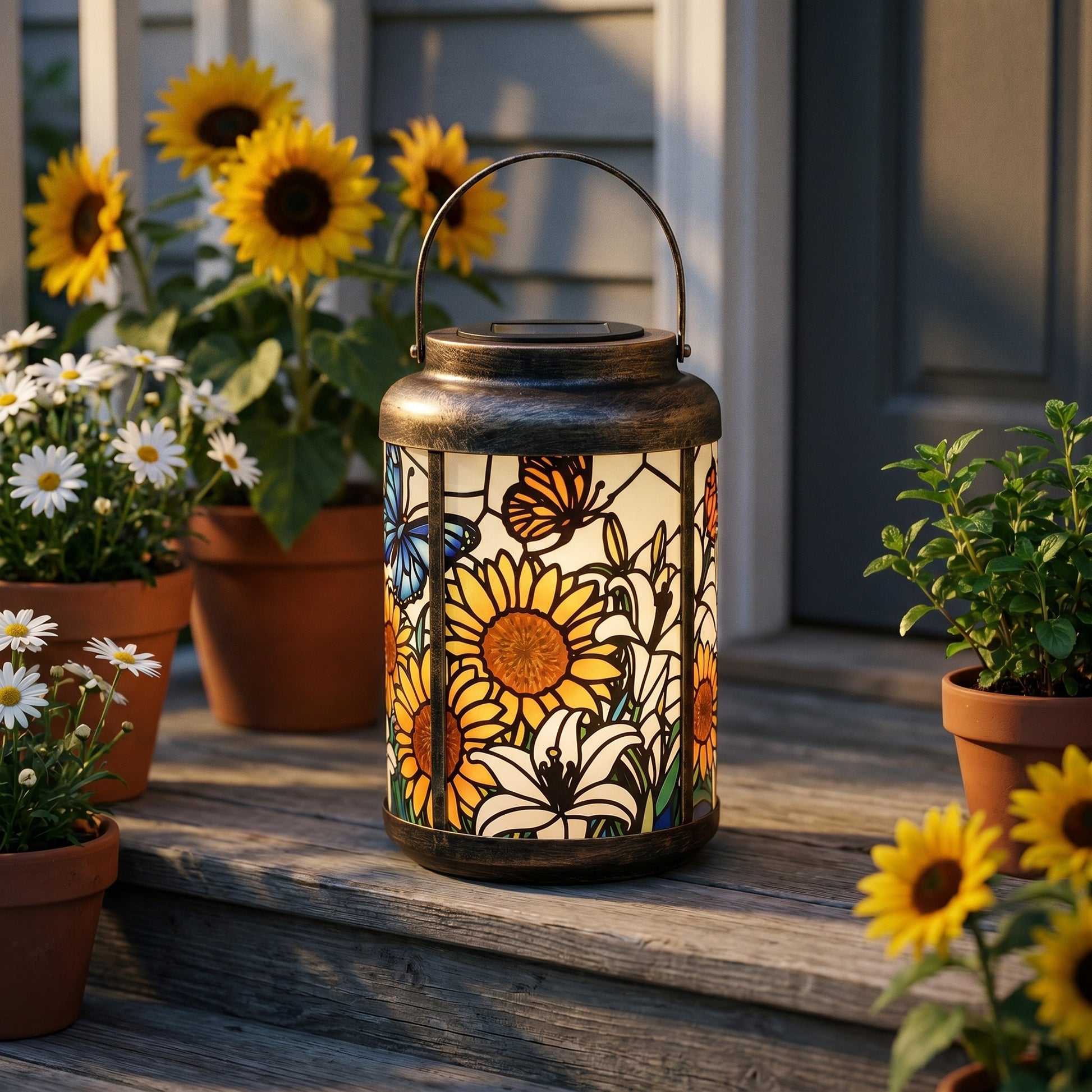 Sunflower and butterfly solar lantern lit in an evening garden, a housewarming gift