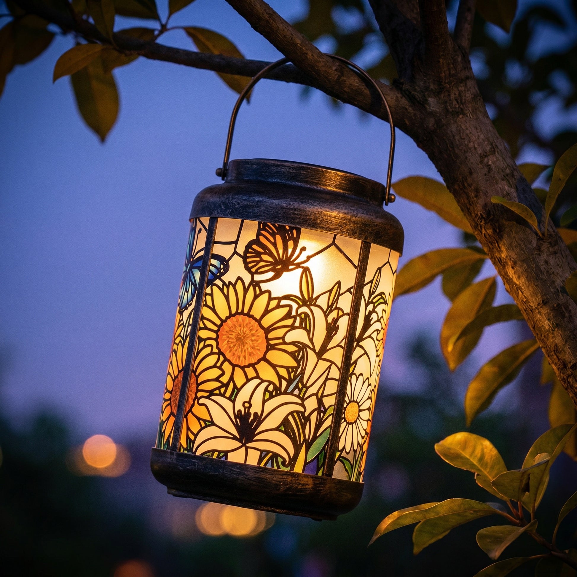 Sunflower Butterfly solar lantern glowing at dusk on a tree branch