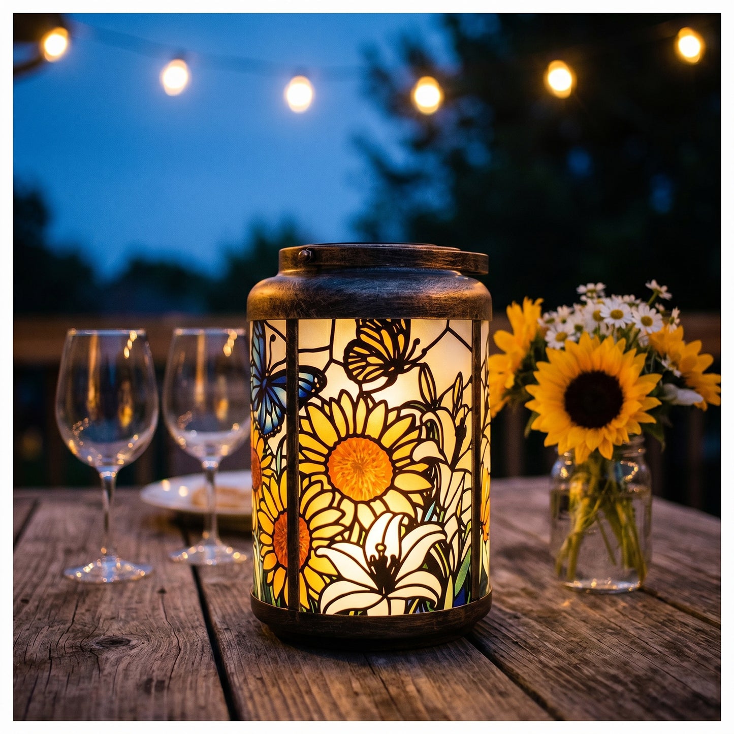 Sunflower Butterfly solar lantern glowing on a modern patio table in the evening