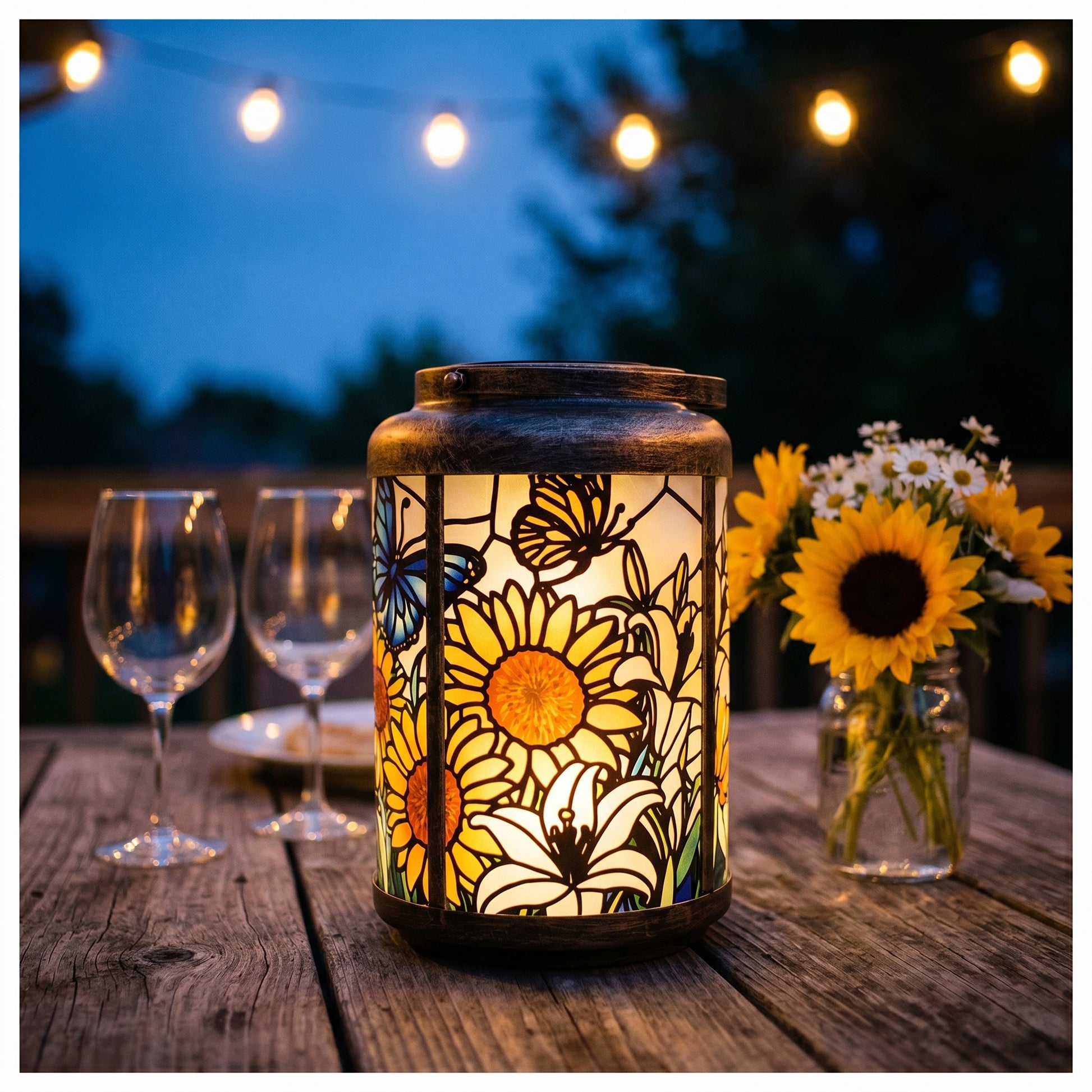 Sunflower Butterfly solar lantern glowing on a modern patio table in the evening