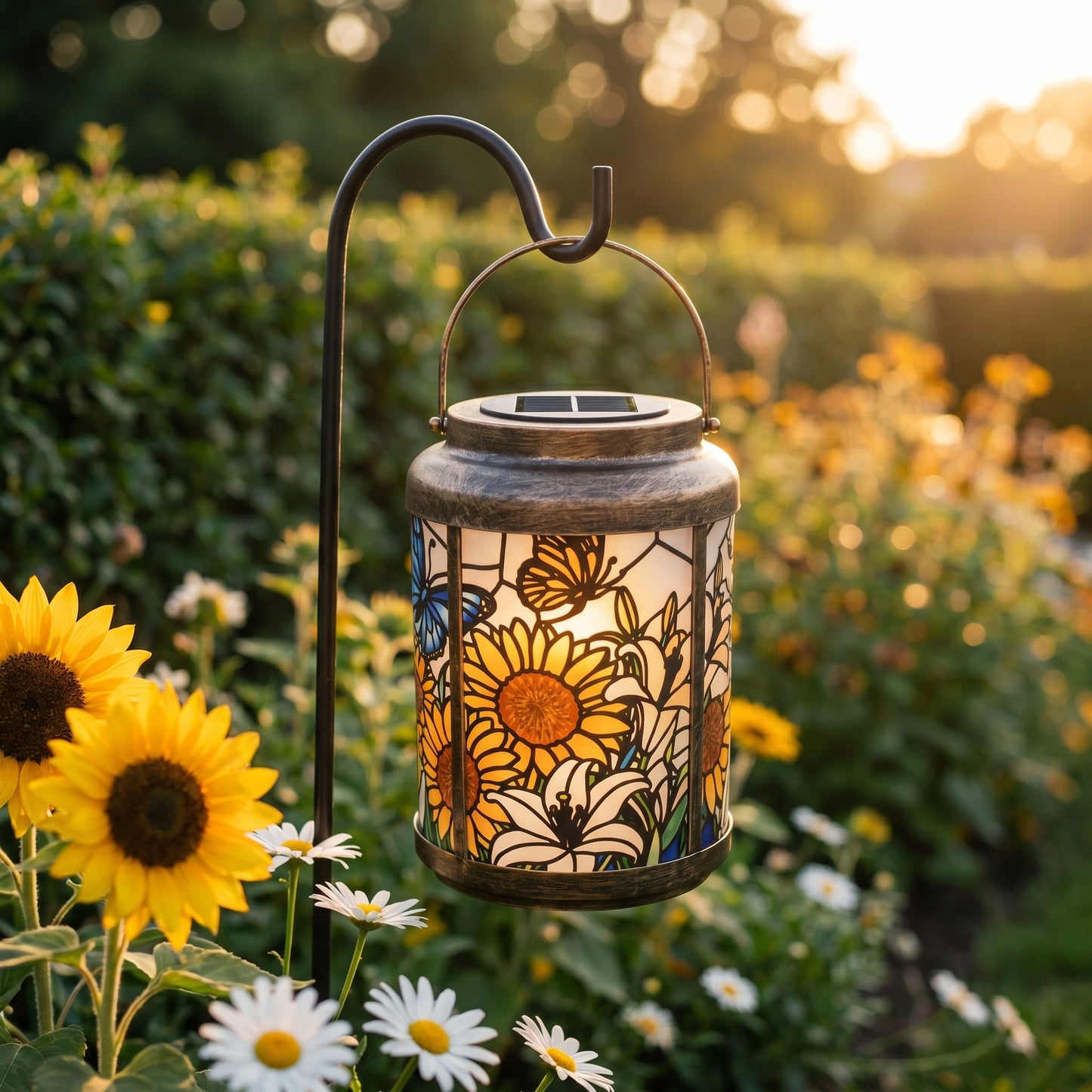 Sunflower butterfly stained glass style solar lantern on a shepherd's hook in daylight