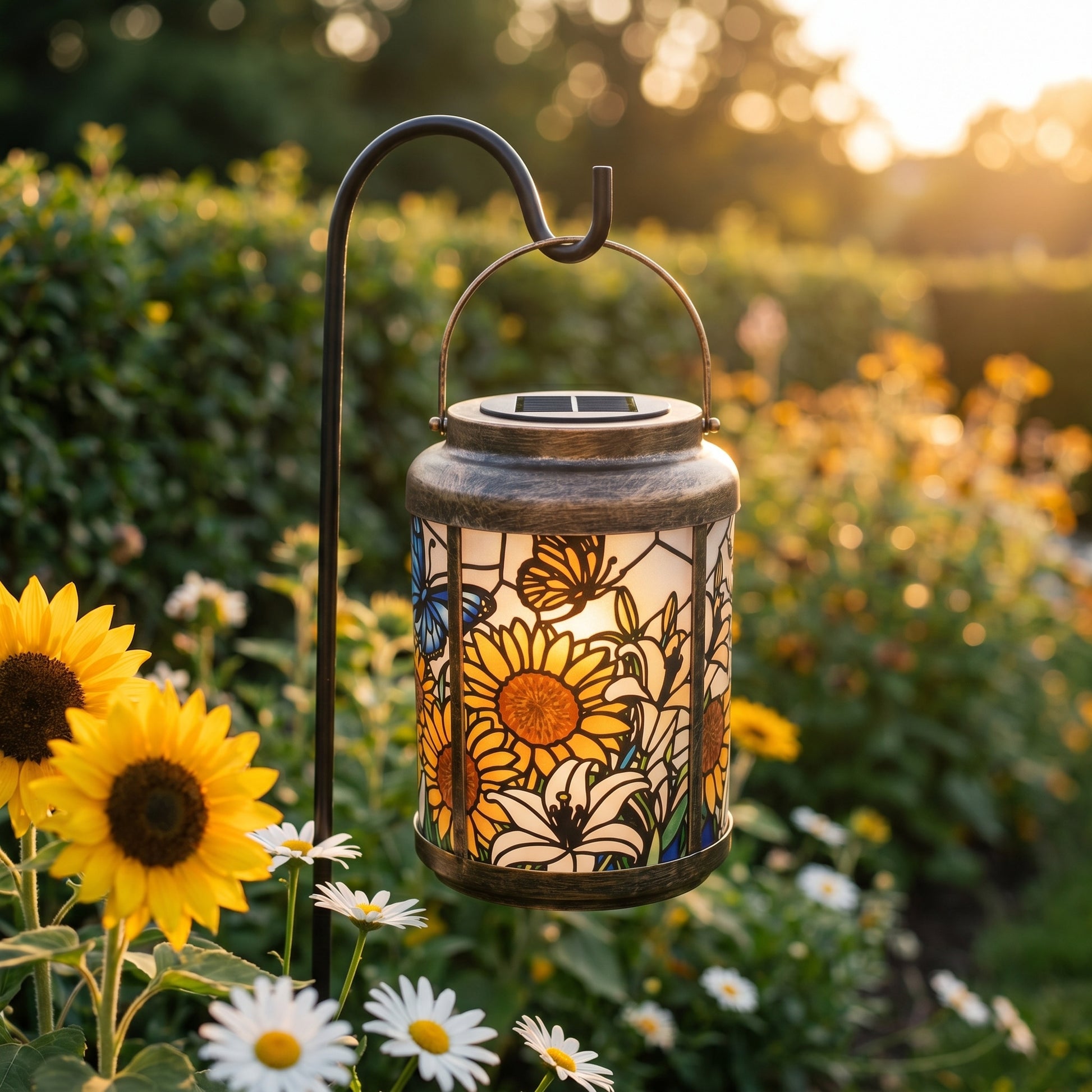 Sunflower butterfly stained glass style solar lantern on a shepherd's hook in daylight