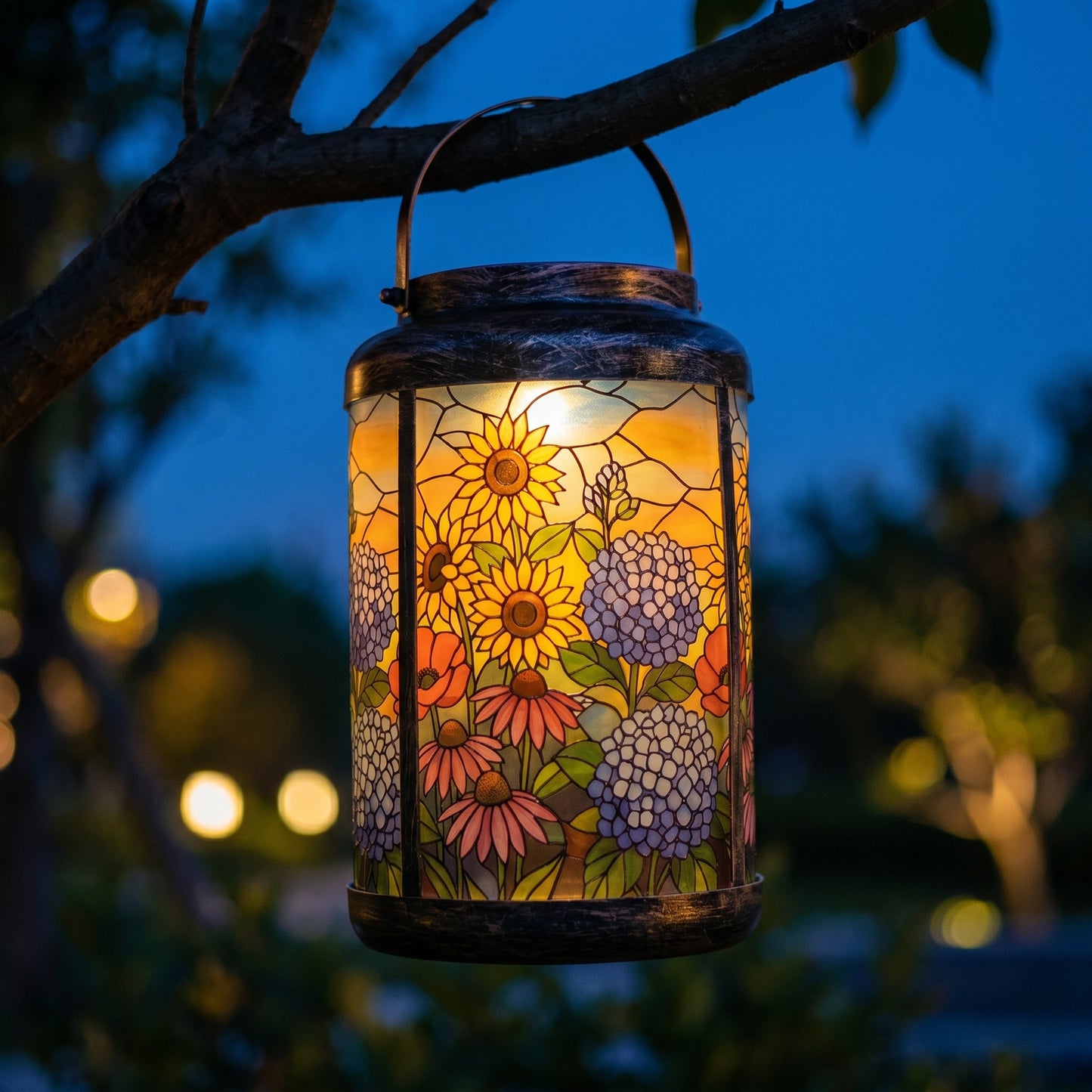 Sunflower Garden solar lantern glowing at dusk, hanging from a tree branch over a summer flower bed