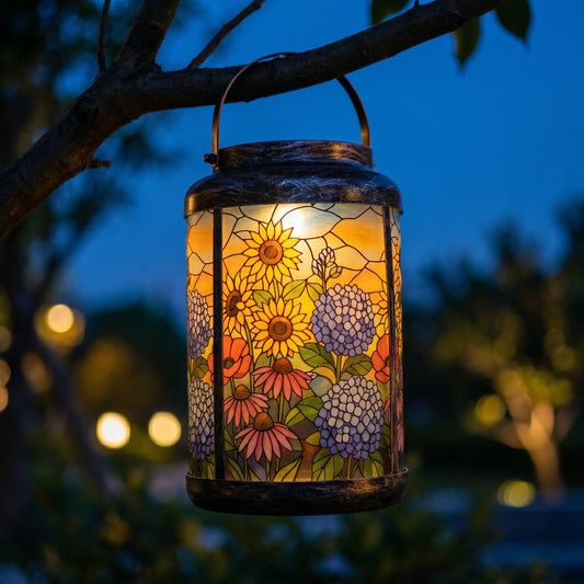 Sunflower Garden solar lantern glowing at dusk, hanging from a tree branch over a summer flower bed