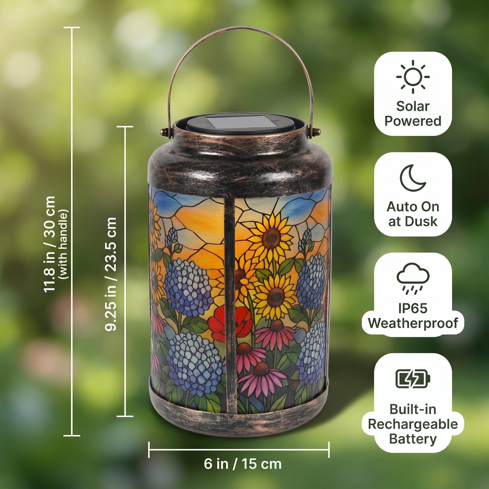 Size chart showing lantern body 9.25 in / 23.5 cm tall, 11.8 in / 30 cm with handle, 6 in / 15 cm across, plus solar powered, auto on at dusk, IP65 weatherproof, and built-in rechargeable battery icons