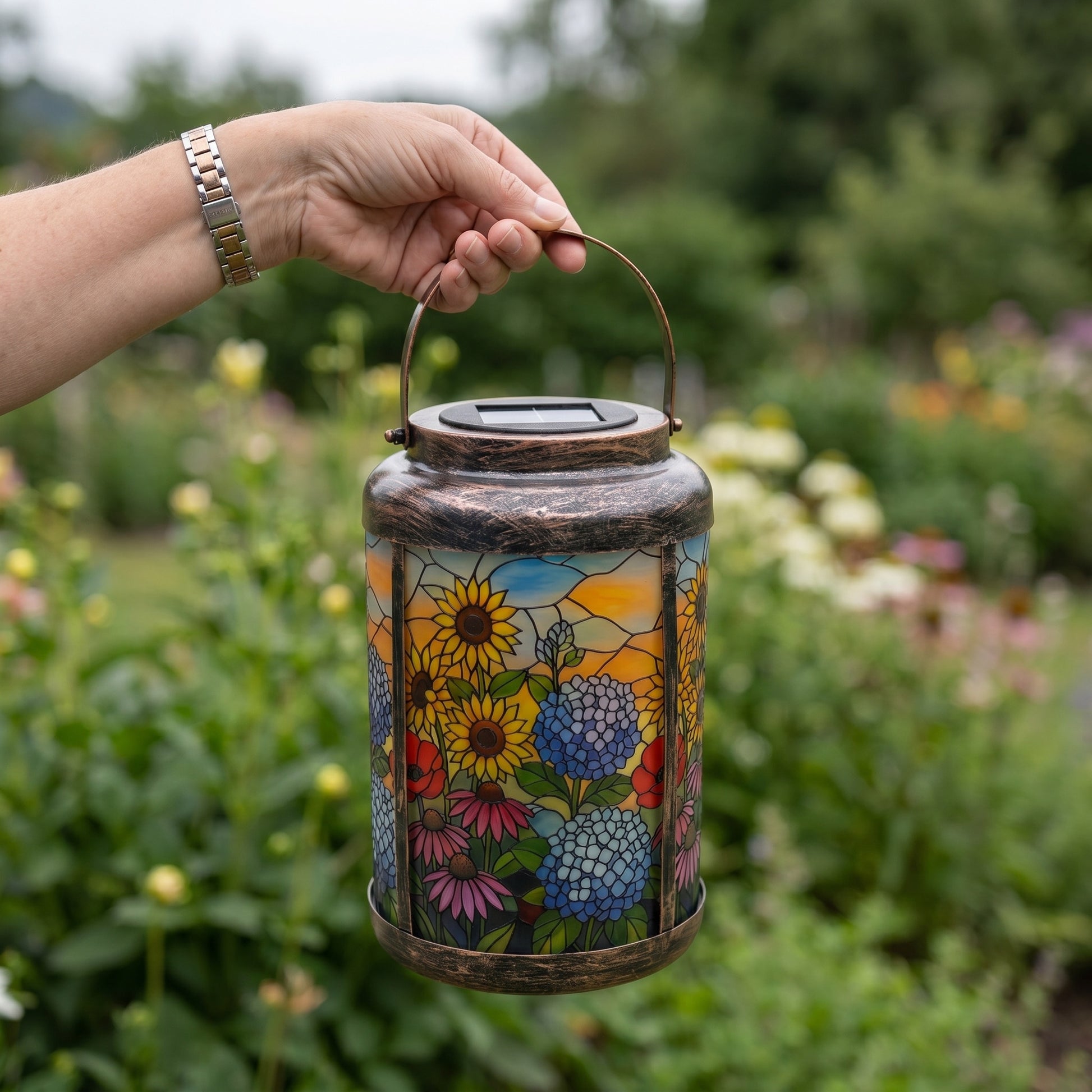 Hand holding the 9.25 inch Sunflower Garden stained glass style solar lantern, showing its true size