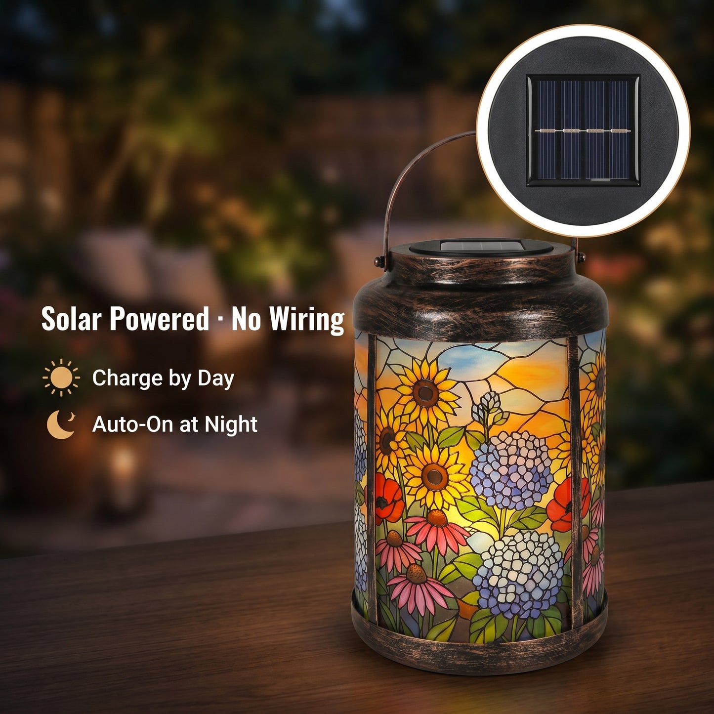 How it works diagram: the solar panel charges by day and the lantern turns on automatically at night, no wiring