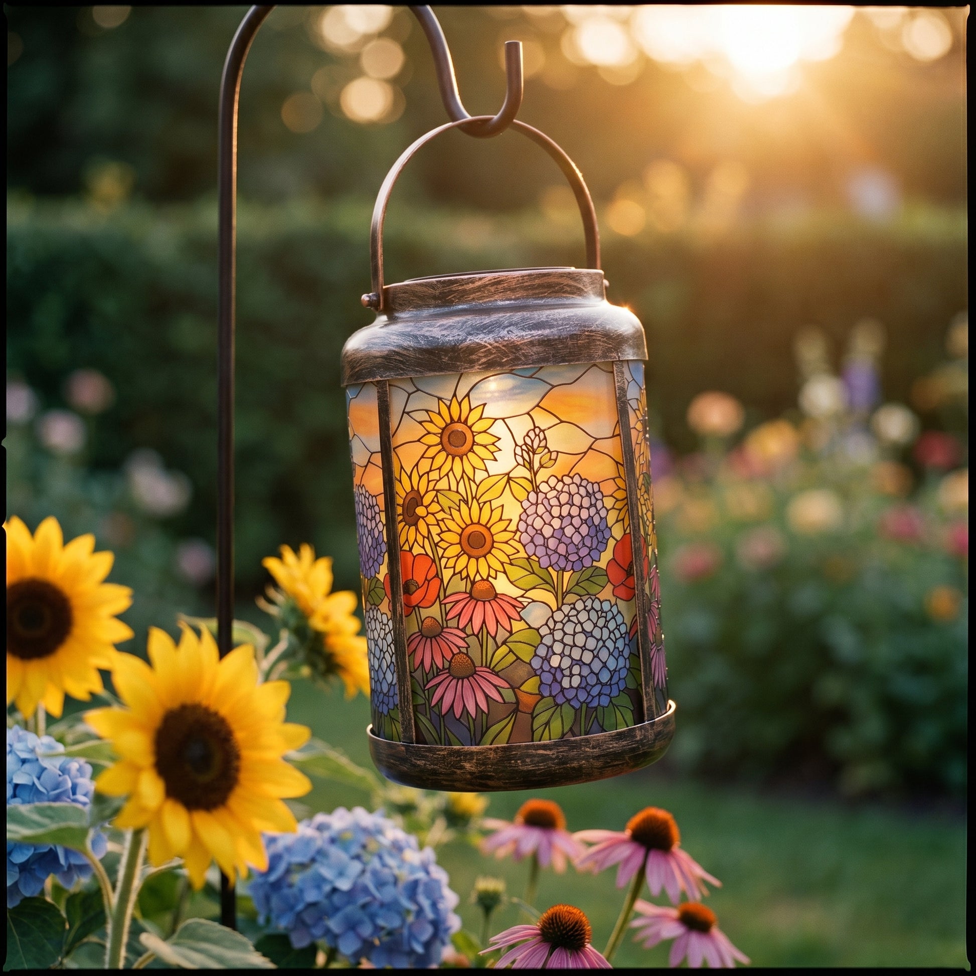 Sunflower Garden solar lantern hanging from a shepherd's hook in daylight, showing the printed glass colors unlit