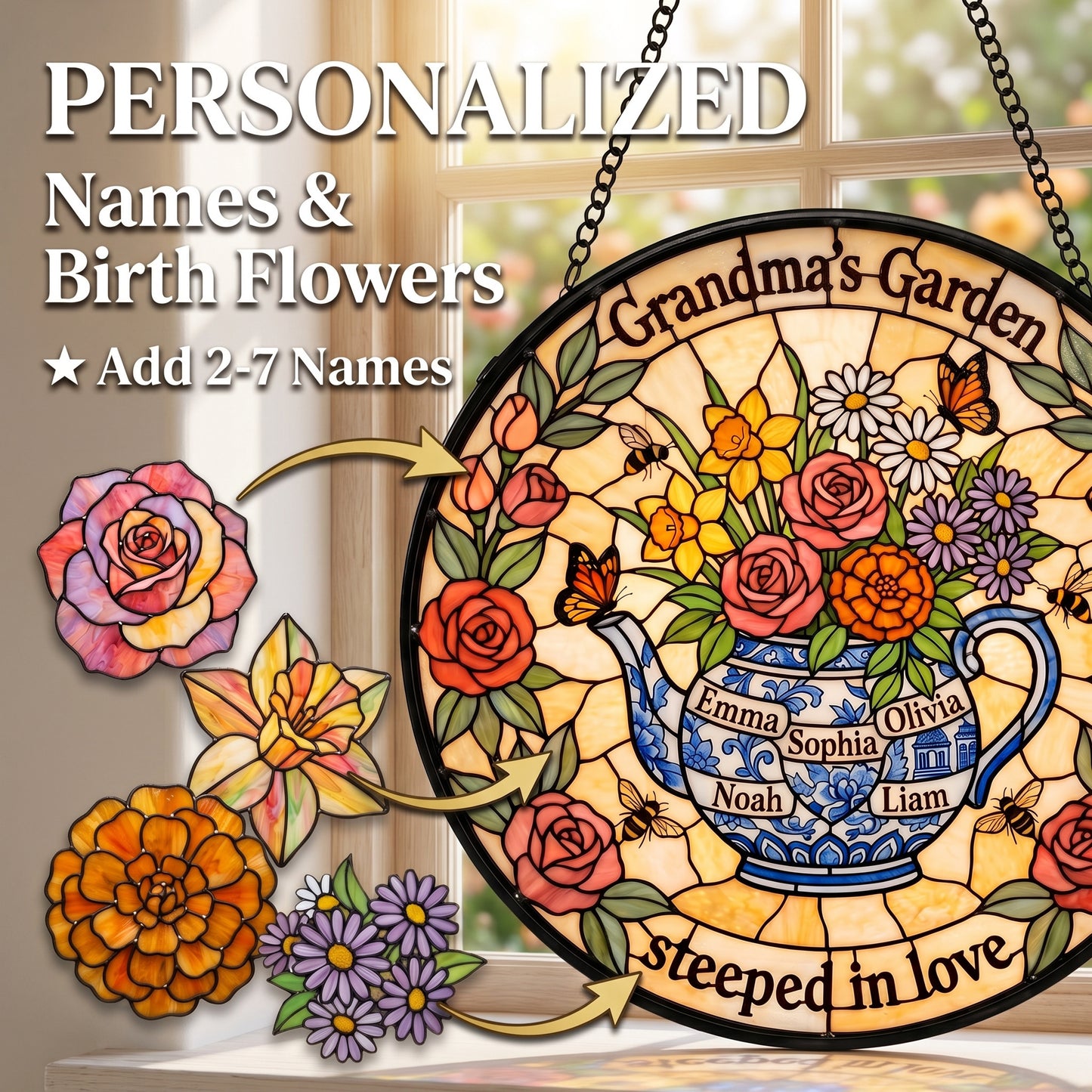 Teapot Garden Suncatcher — Personalized Birth Flower Gift for Grandma