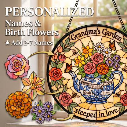 Teapot Garden Suncatcher — Personalized Birth Flower Gift for Grandma