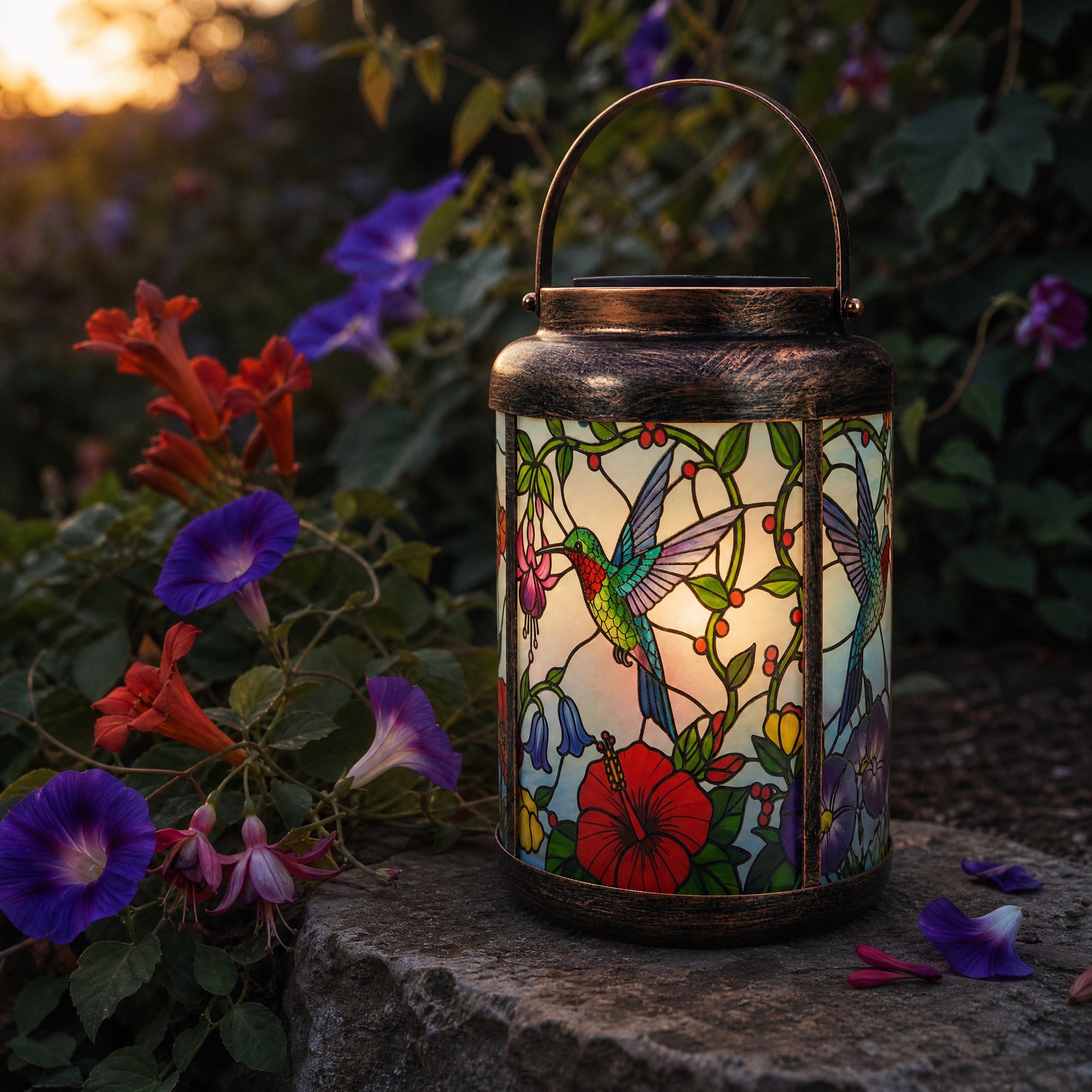 Tiffany style hummingbird and trumpet flower memorial lantern lit at sunset on a stone wall beside morning glories