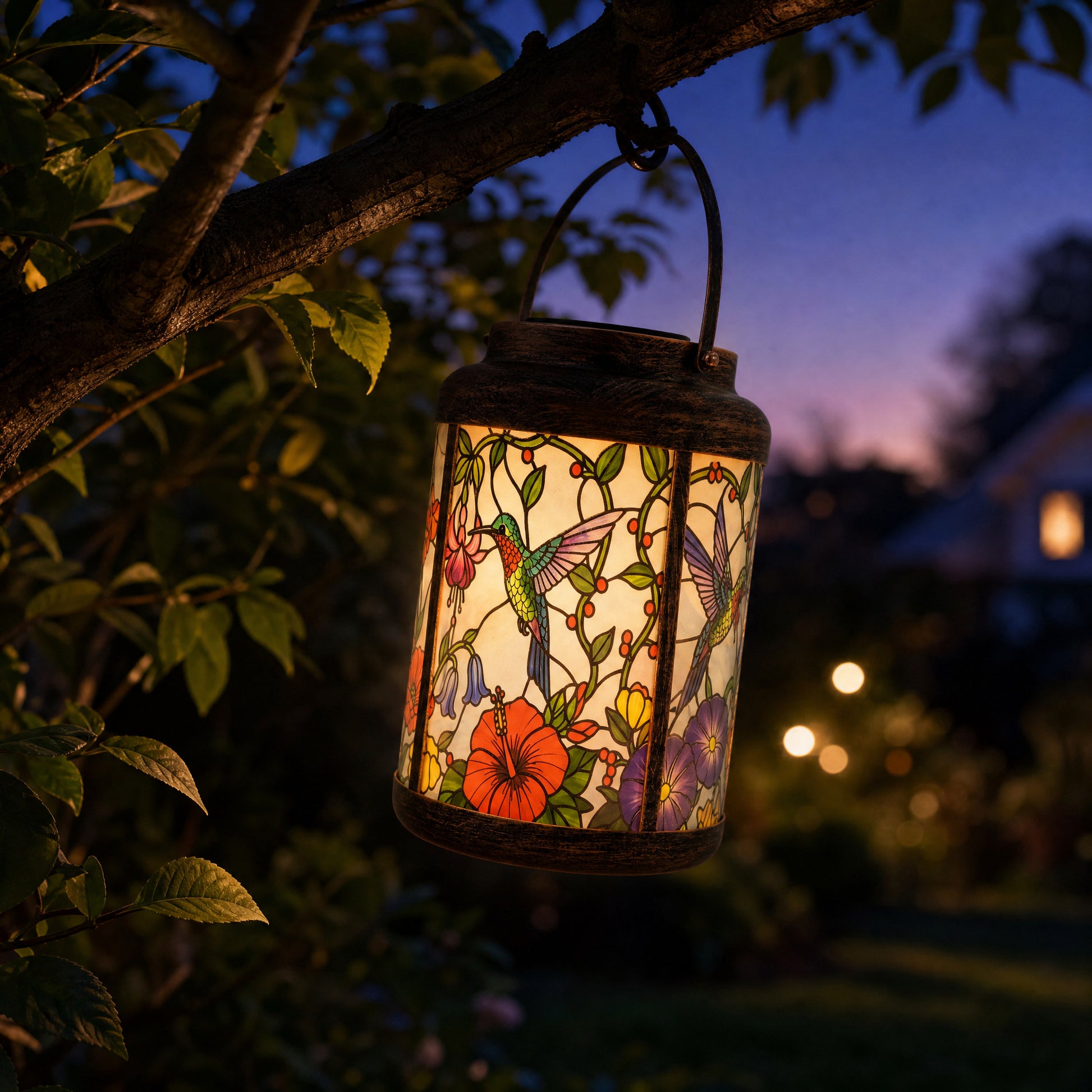 Tiffany blue hummingbird solar lantern glowing at dusk on a tree branch