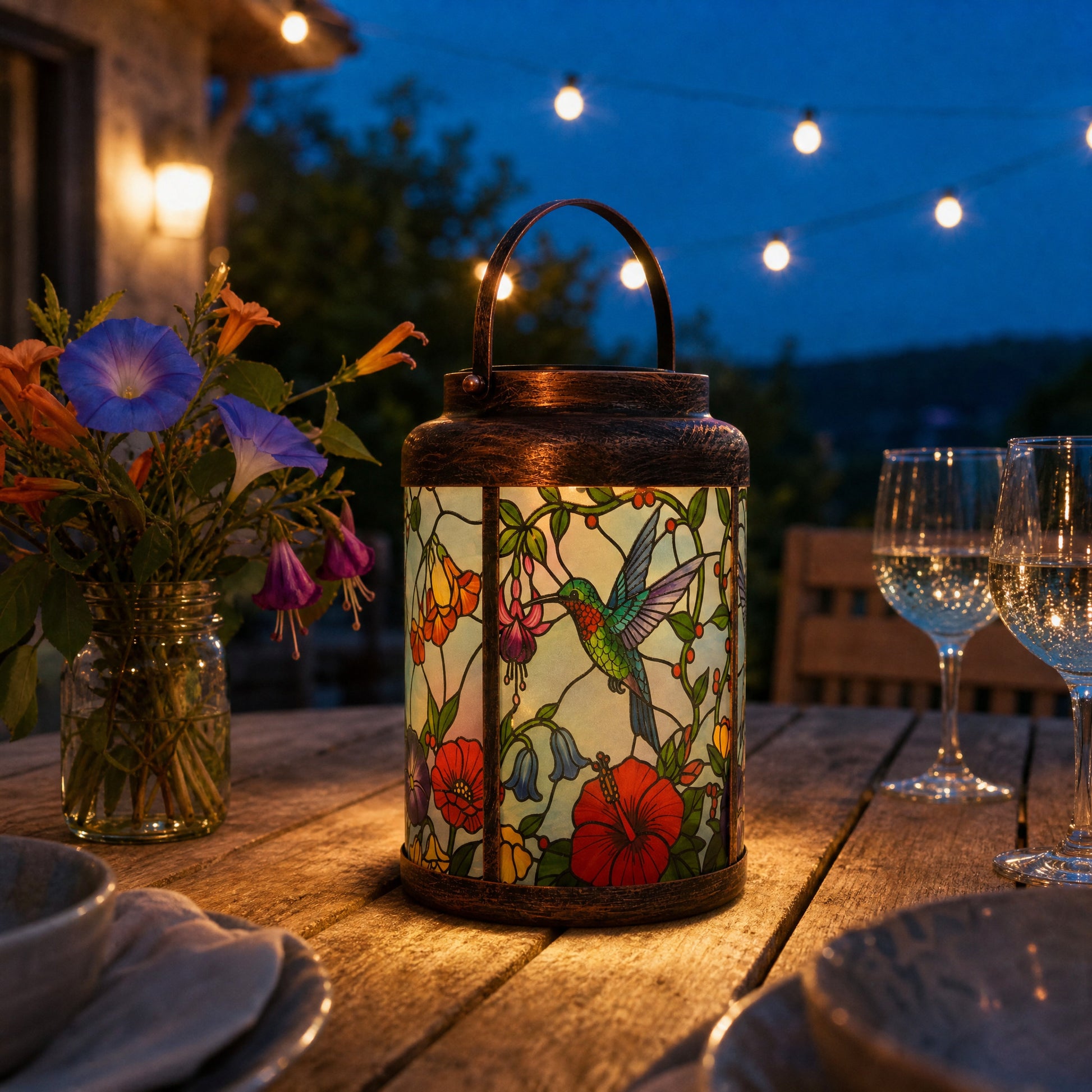Tiffany blue hummingbird solar lantern glowing as a centerpiece on a patio table in the evening