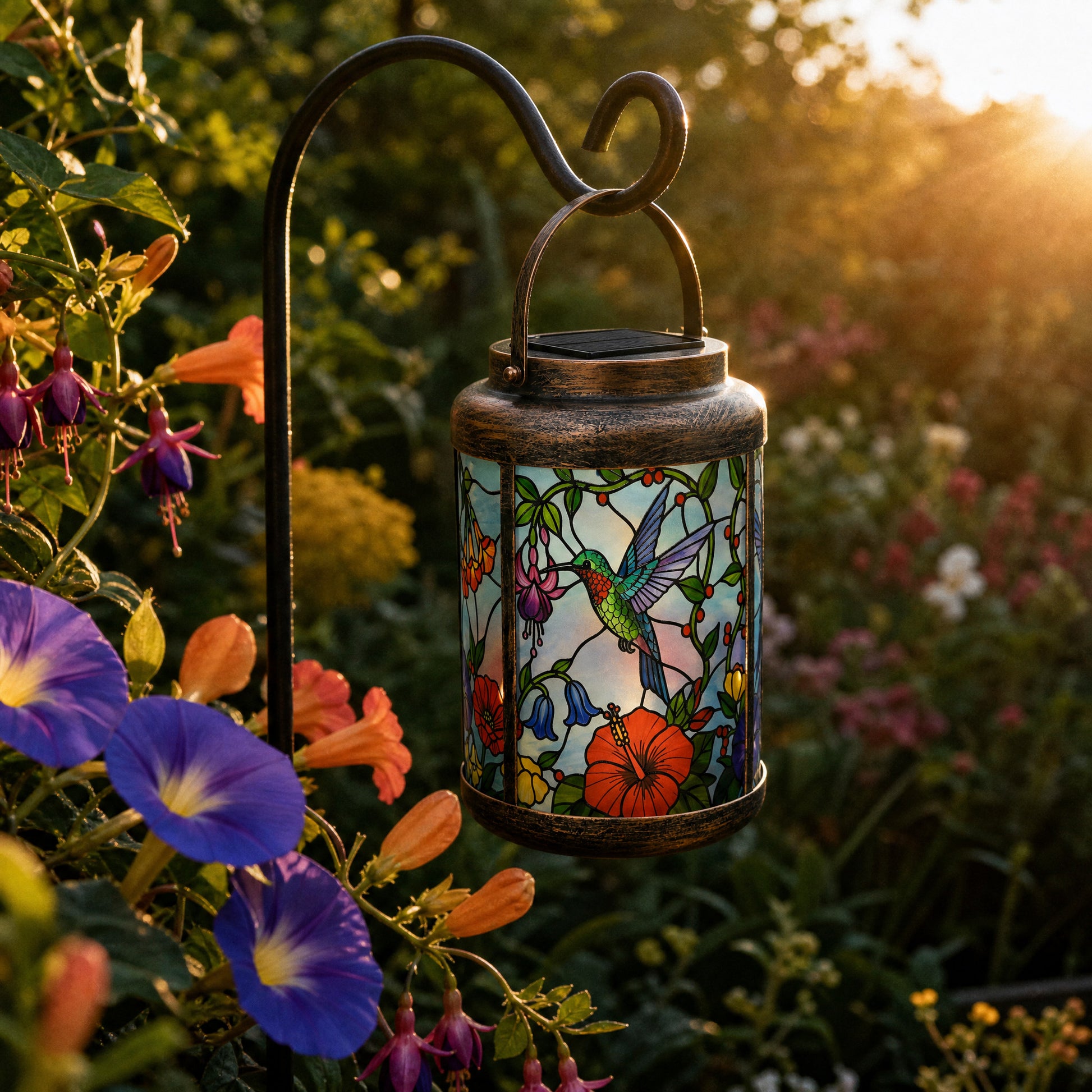 Tiffany style hummingbird lantern on a shepherd's hook in daylight showing the deep blue printed glass